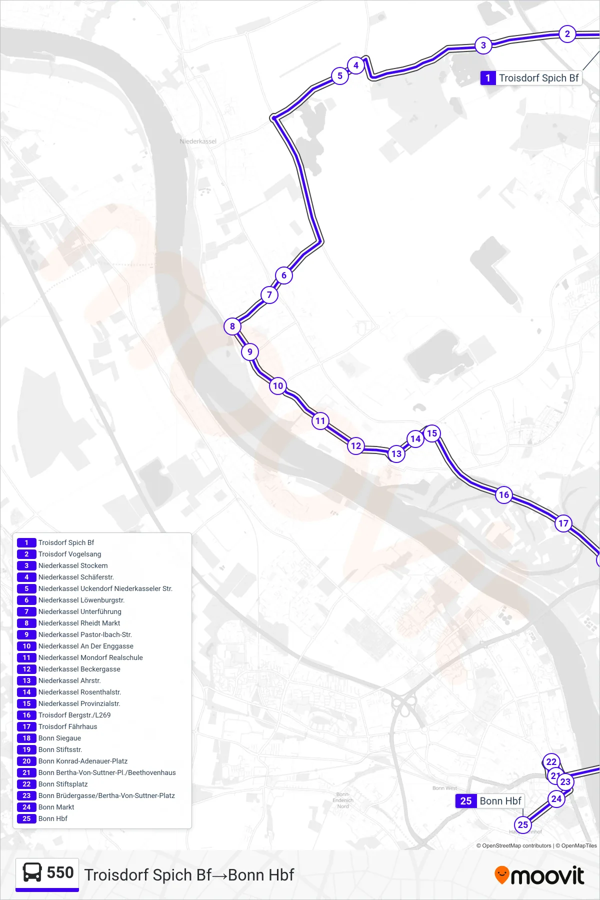 550 bus Line (Troisdorf Spich Bf‎→Bonn Hbf) route and stops on a map
