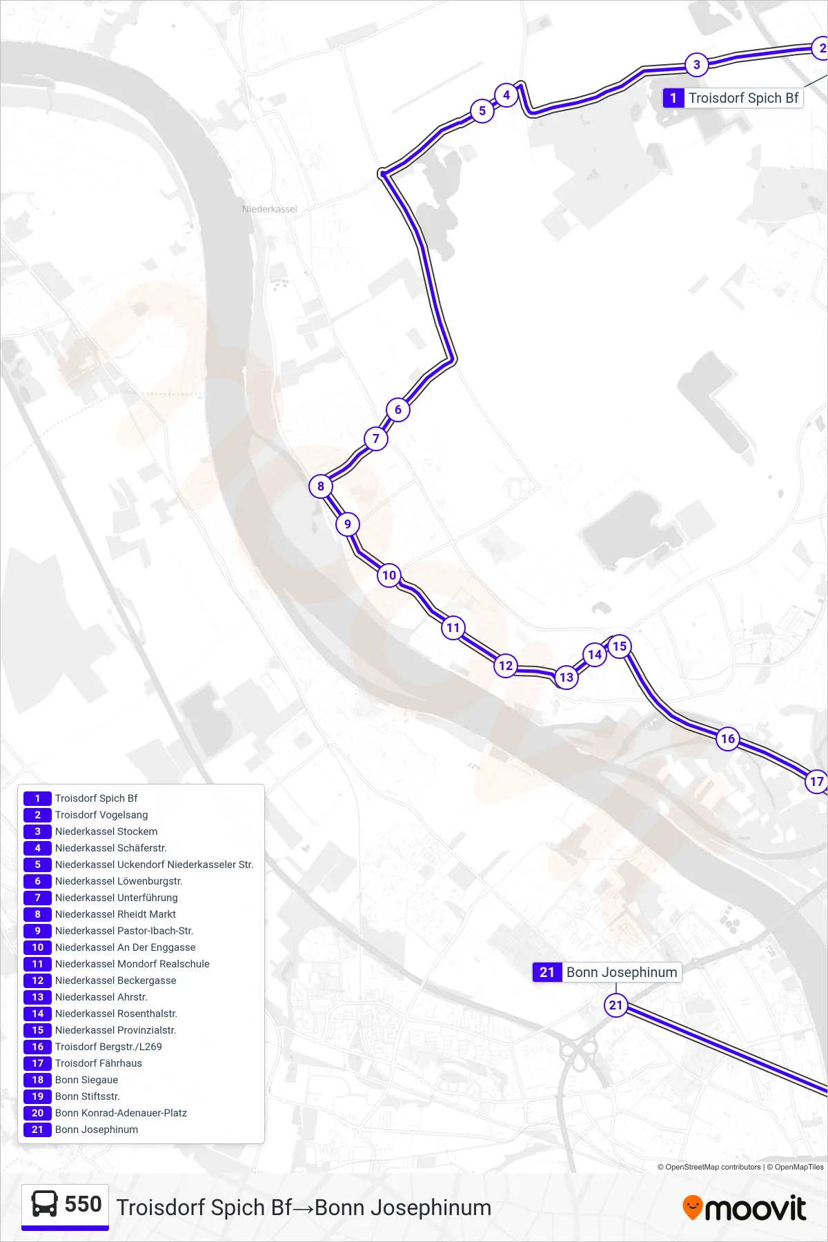 Linie 550 (Bus) Richtung Troisdorf Spich Bf→Bonn Josephinum: Route und Haltestellen auf der Karte