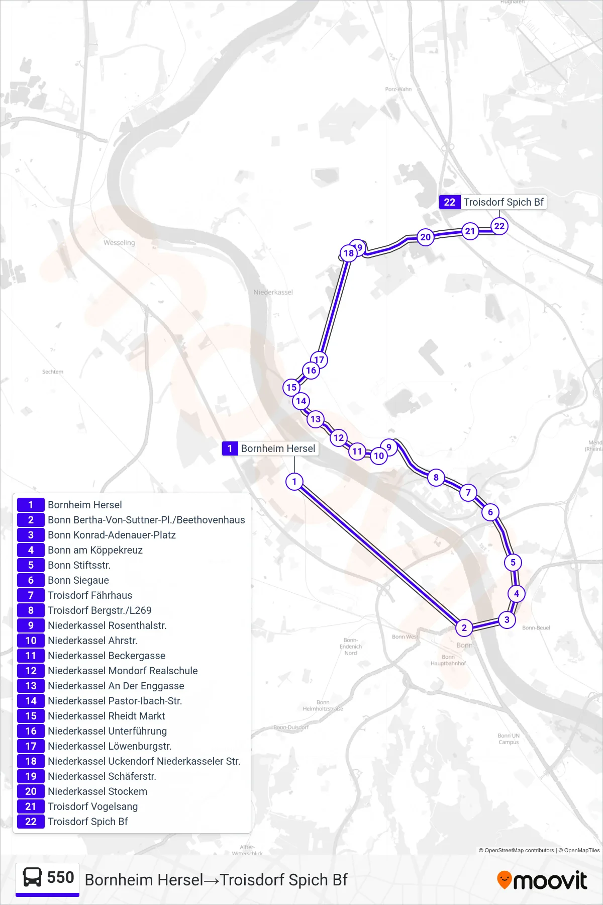 550 bus Line (Bornheim Hersel‎→Troisdorf Spich Bf) route and stops on a map