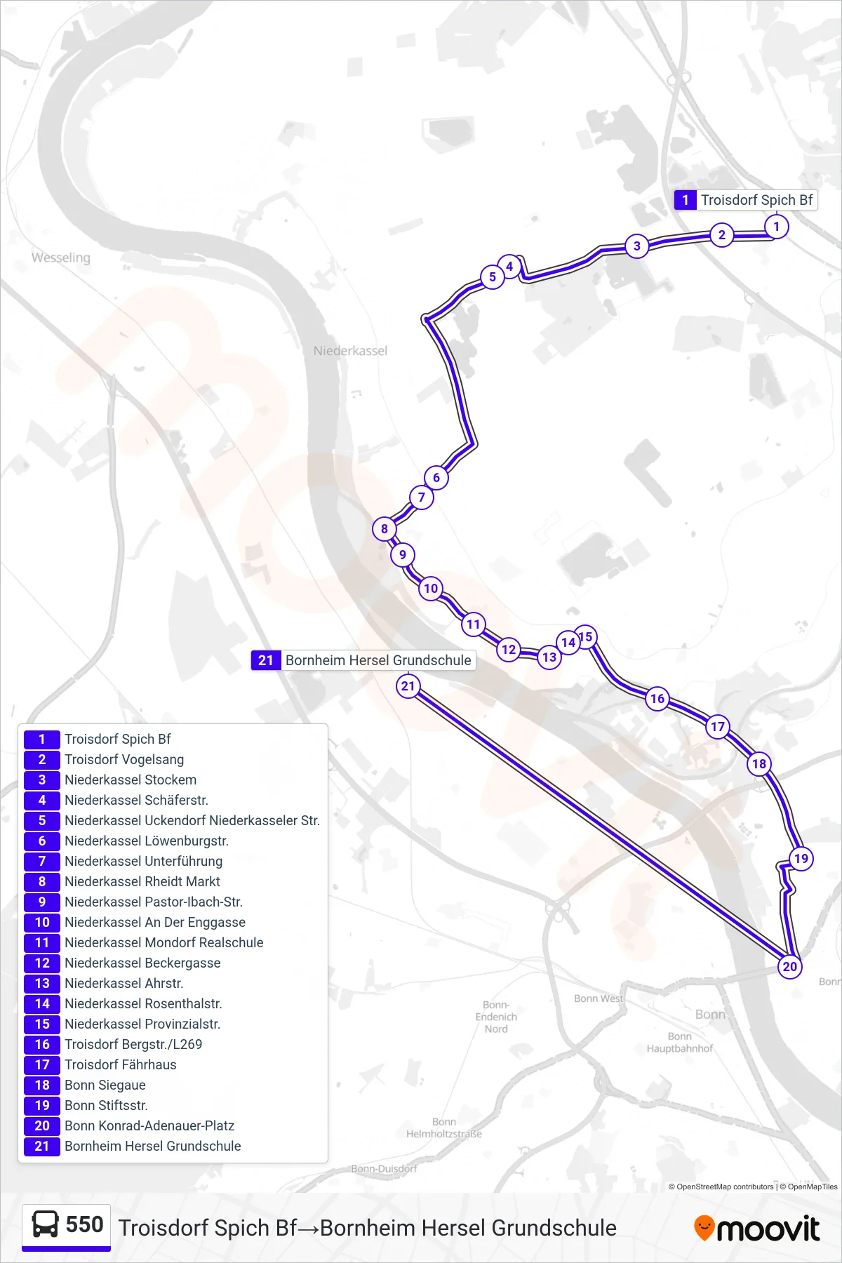 Linie 550 (Bus) Richtung Troisdorf Spich Bf→Bornheim Hersel Grundschule: Route und Haltestellen auf der Karte