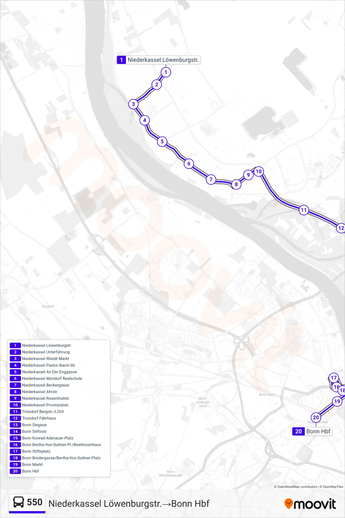 Linie 550 (Bus) Richtung Niederkassel Löwenburgstr.‎→Bonn Hbf: Route und Haltestellen auf der Karte