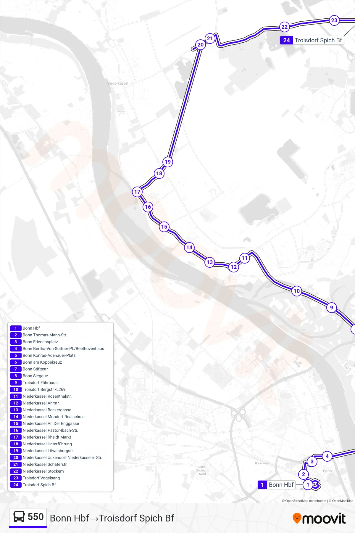 Linie 550 (Bus) Richtung Bonn Hbf→Troisdorf Spich Bf: Route und Haltestellen auf der Karte