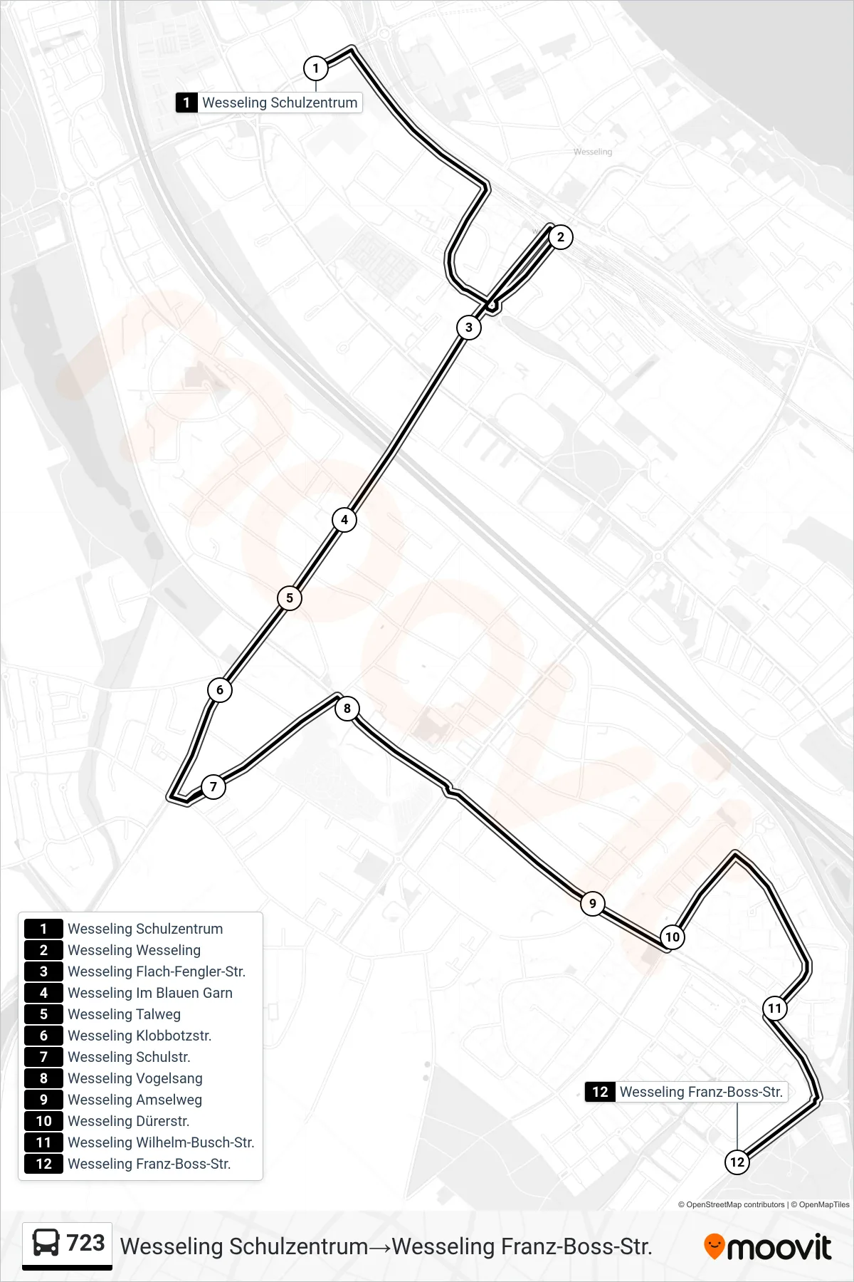 Linie 723 (Bus) Richtung Wesseling Schulzentrum‎→Wesseling Franz-Boss-Str.: Route und Haltestellen auf der Karte