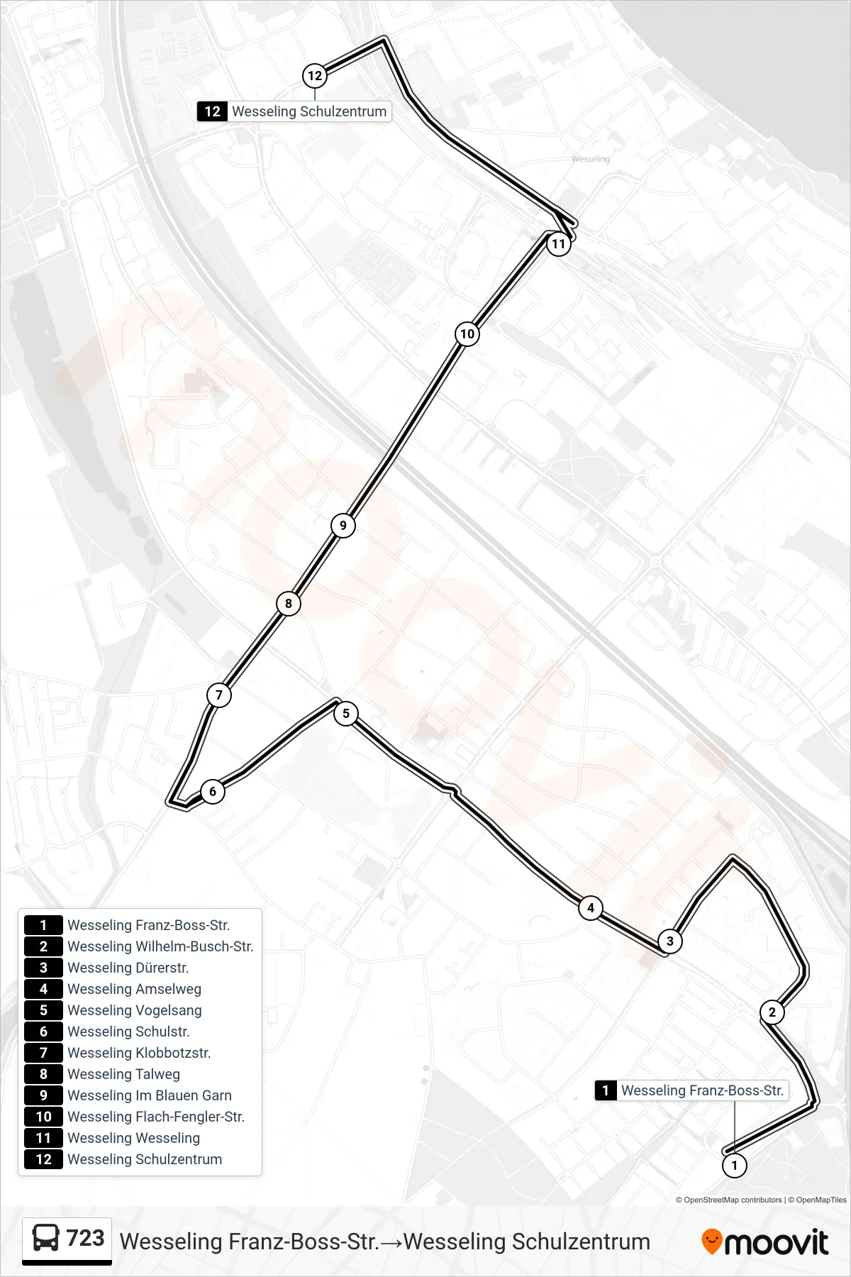 Linie 723 (Bus) Richtung Wesseling Franz-Boss-Str.→Wesseling Schulzentrum: Route und Haltestellen auf der Karte