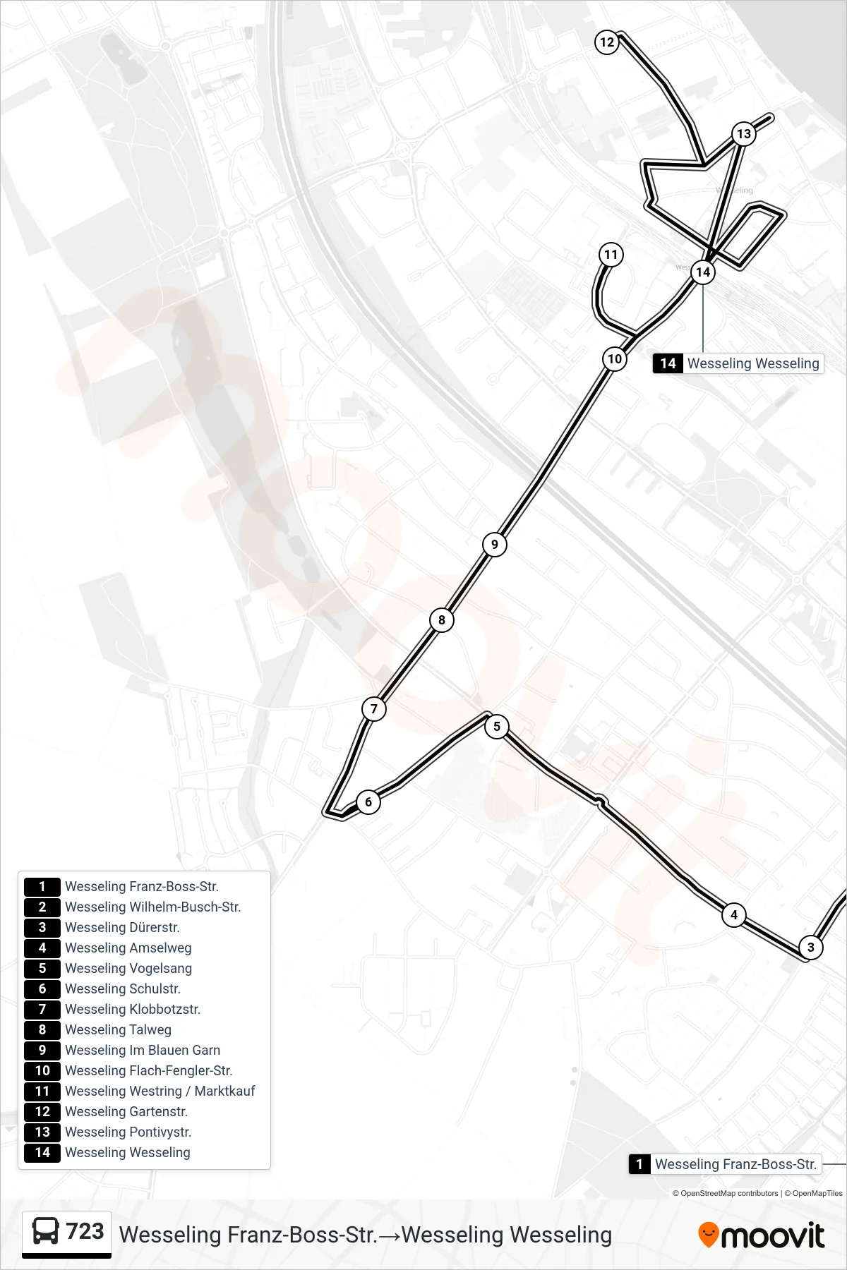 Linie 723 (Bus) Richtung Wesseling Franz-Boss-Str.‎→Wesseling Wesseling: Route und Haltestellen auf der Karte