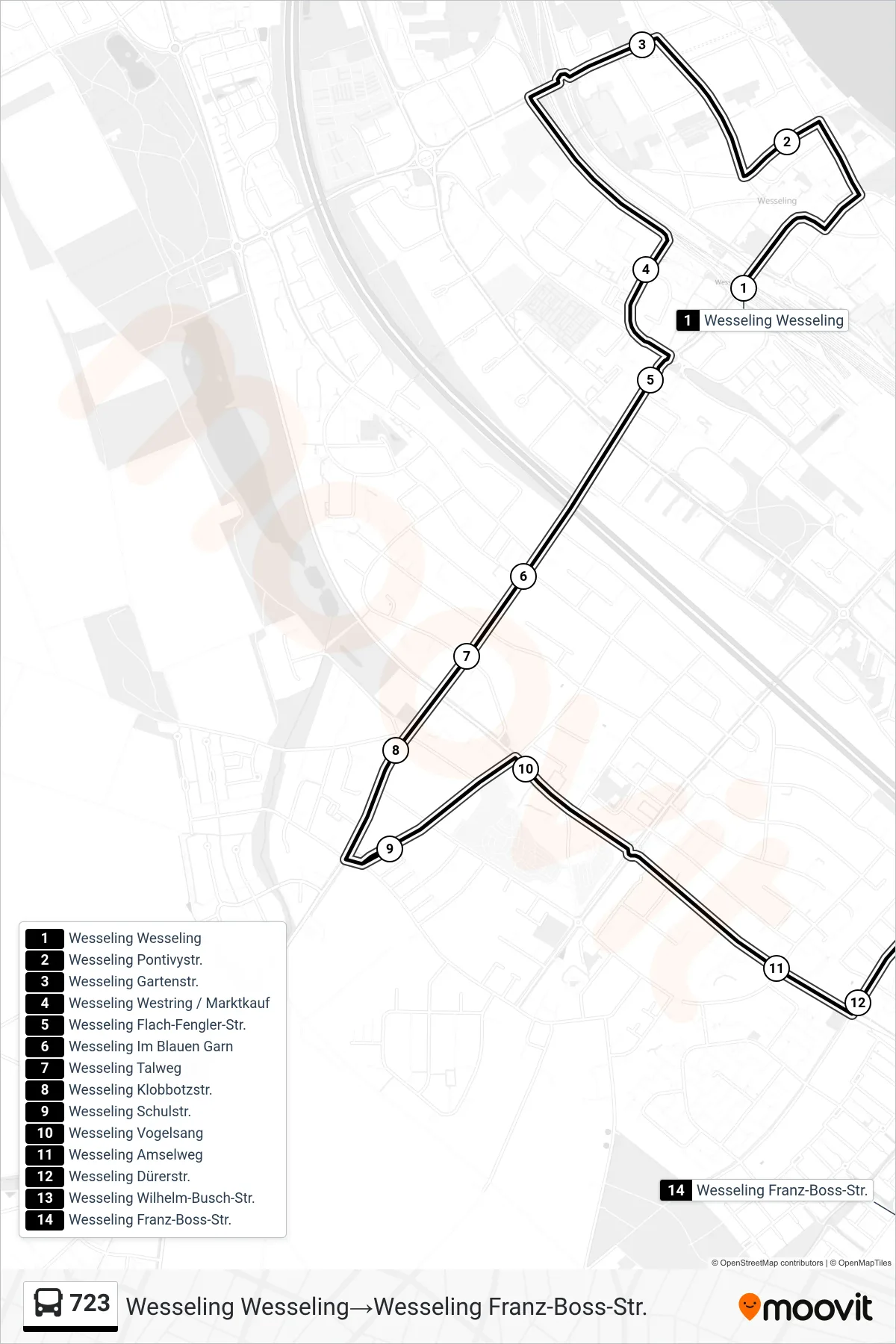 Linie 723 (Bus) Richtung Wesseling Wesseling‎→Wesseling Franz-Boss-Str.: Route und Haltestellen auf der Karte