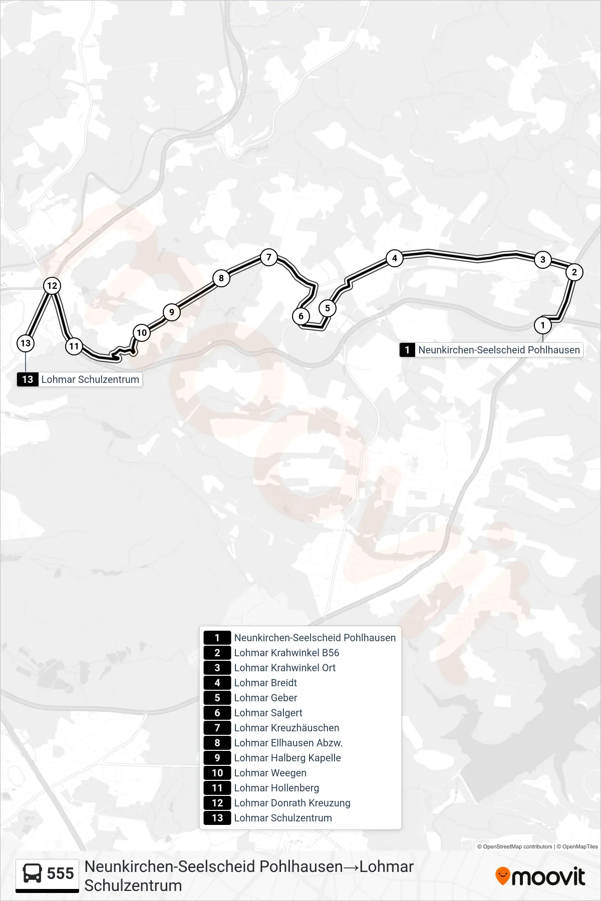 555 bus Line (Neunkirchen-Seelscheid Pohlhausen‎→Lohmar Schulzentrum) route and stops on a map