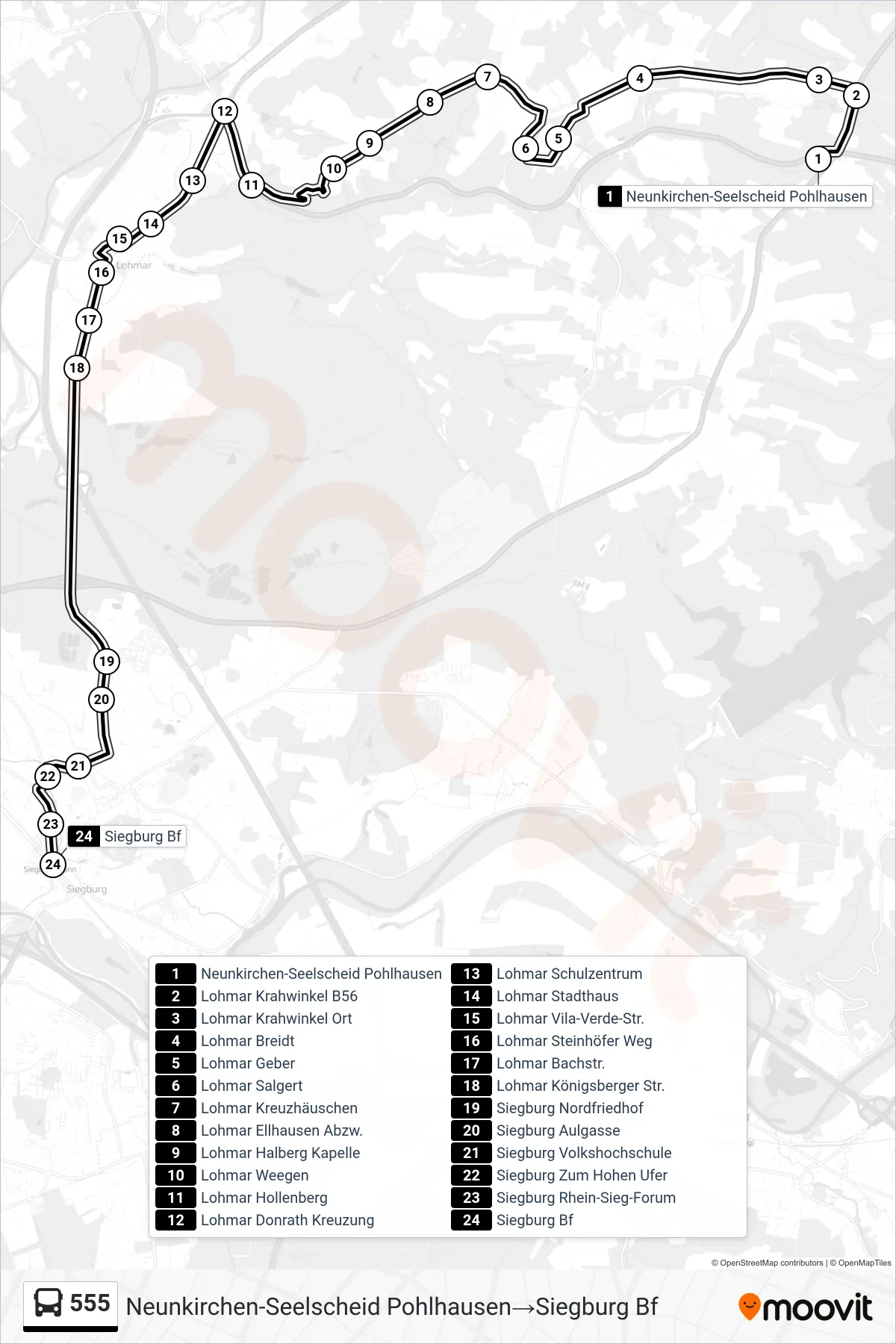 Linie 555 (Bus) Richtung Neunkirchen-Seelscheid Pohlhausen→Siegburg Bf: Route und Haltestellen auf der Karte