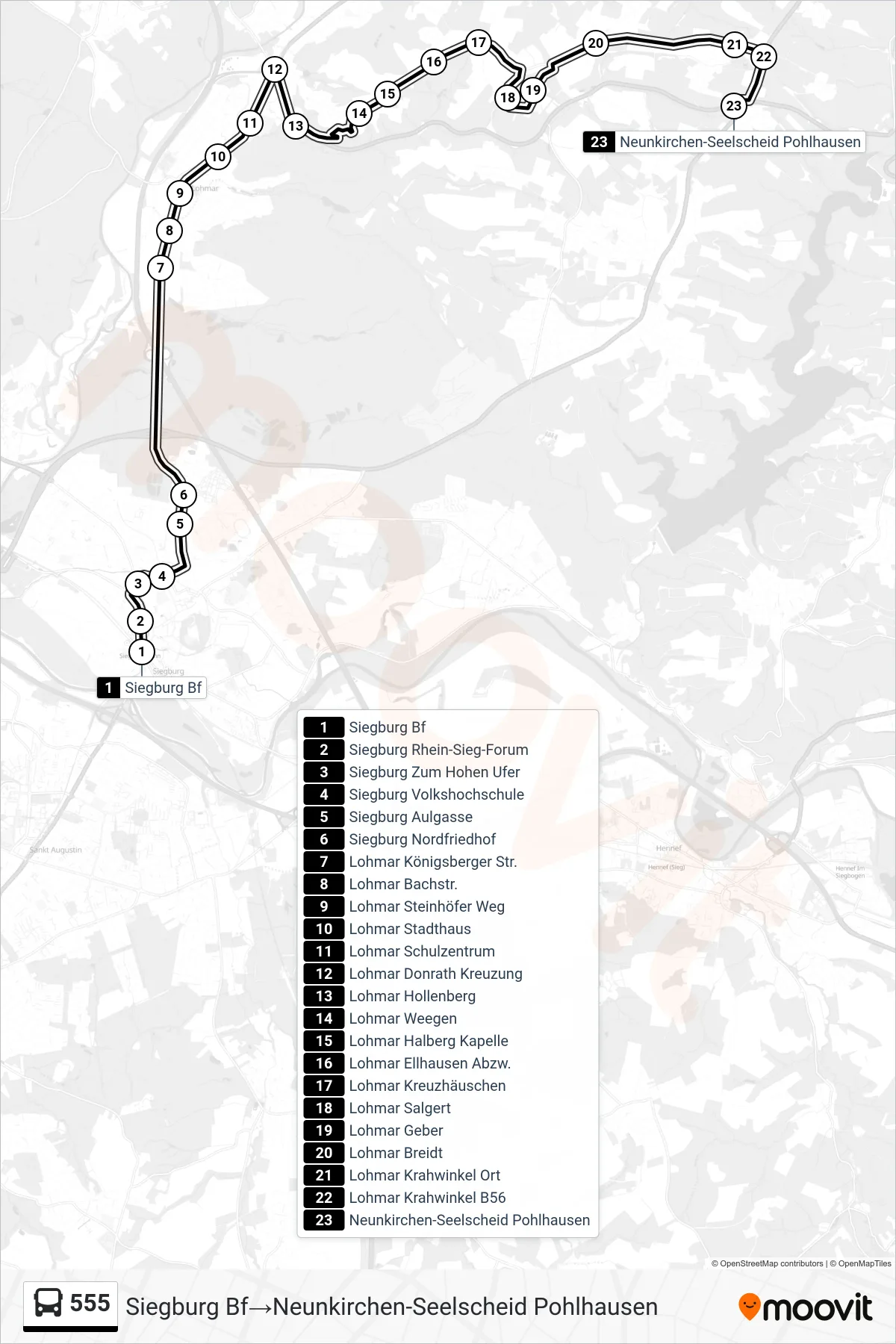 Linie 555 (Bus) Richtung Siegburg Bf→Neunkirchen-Seelscheid Pohlhausen: Route und Haltestellen auf der Karte