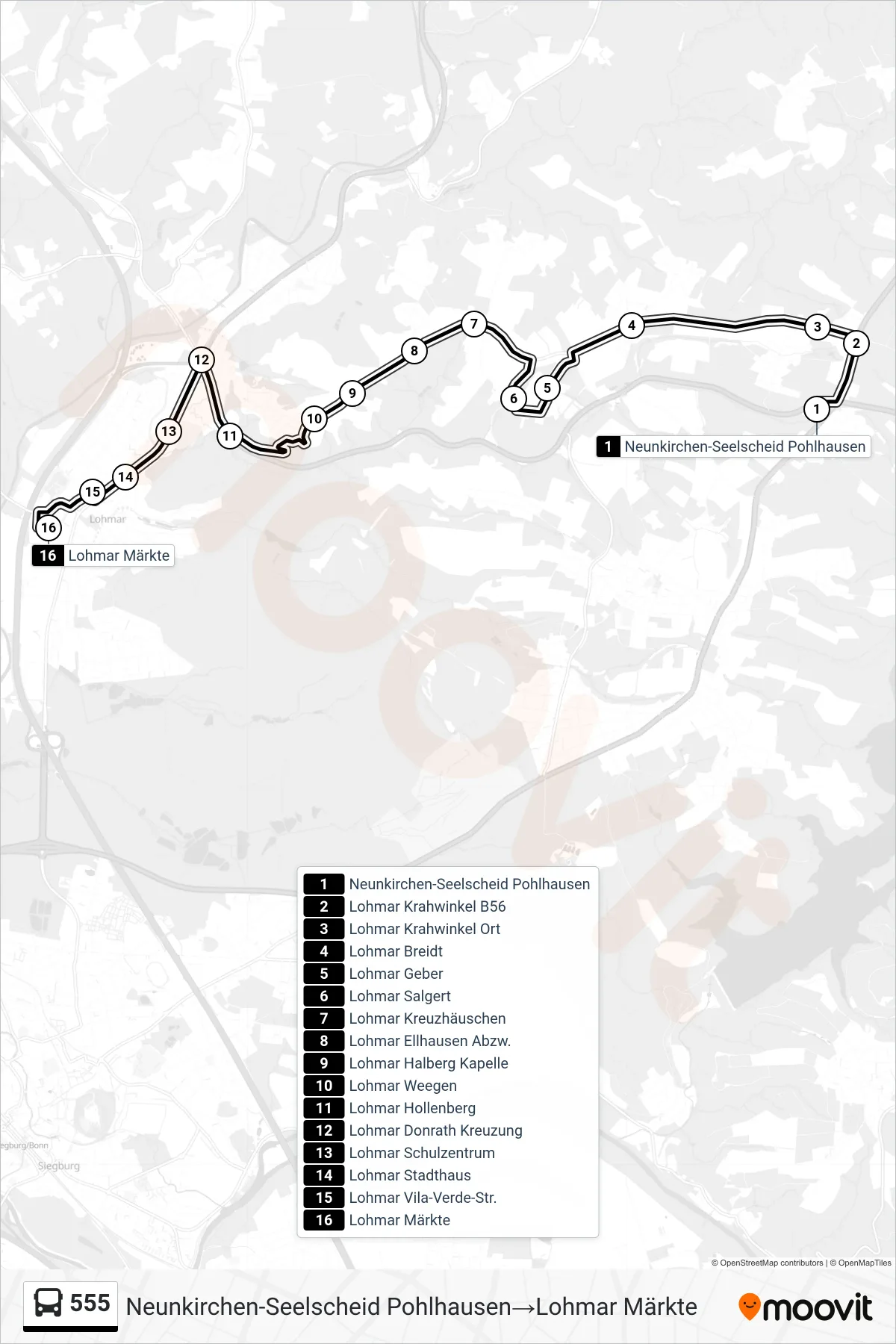 Linie 555 (Bus) Richtung Neunkirchen-Seelscheid Pohlhausen→Lohmar Märkte: Route und Haltestellen auf der Karte