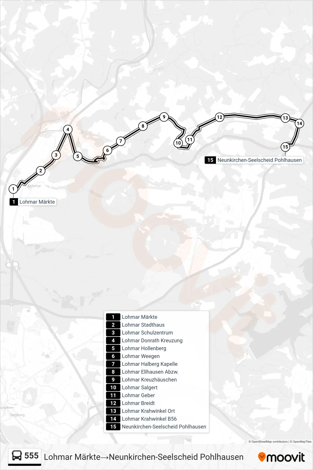 Linie 555 (Bus) Richtung Lohmar Märkte→Neunkirchen-Seelscheid Pohlhausen: Route und Haltestellen auf der Karte