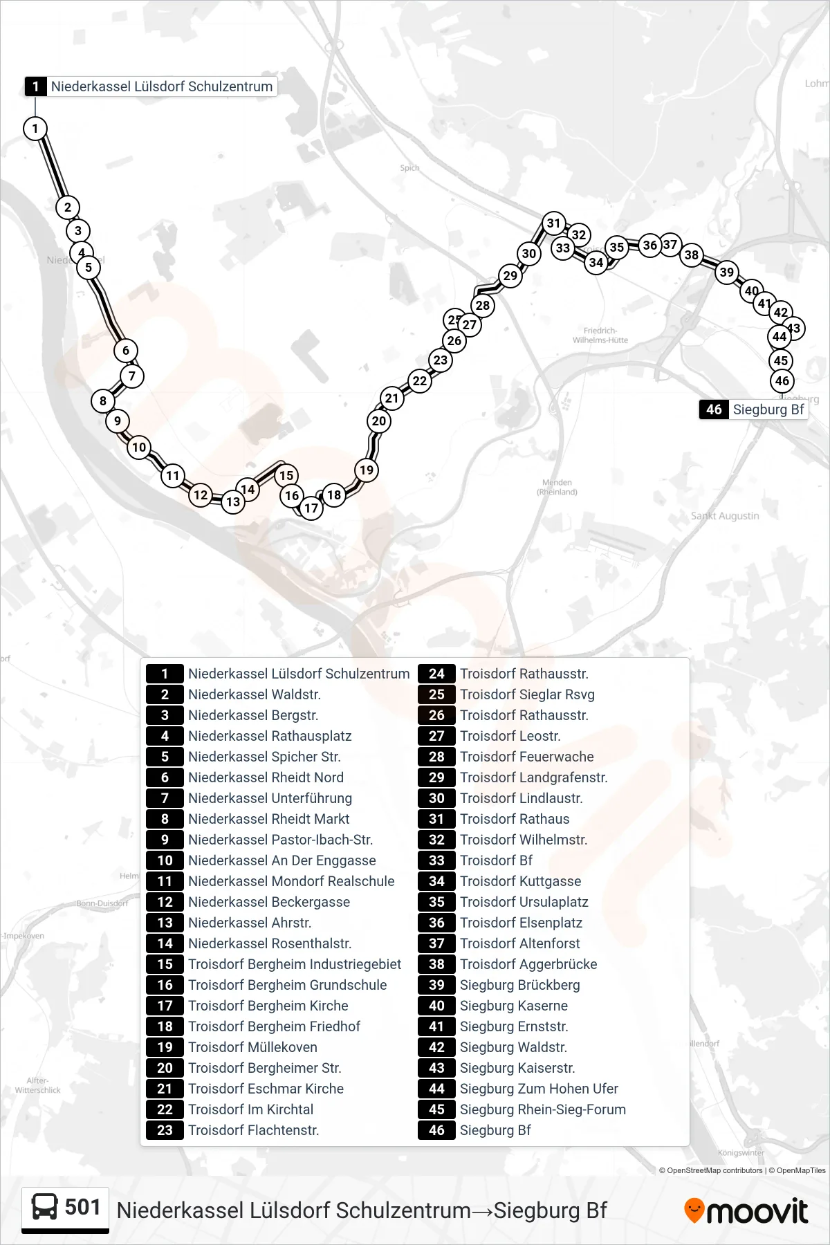 Linie 501 (Bus) Richtung Niederkassel Lülsdorf Schulzentrum→Siegburg Bf: Route und Haltestellen auf der Karte