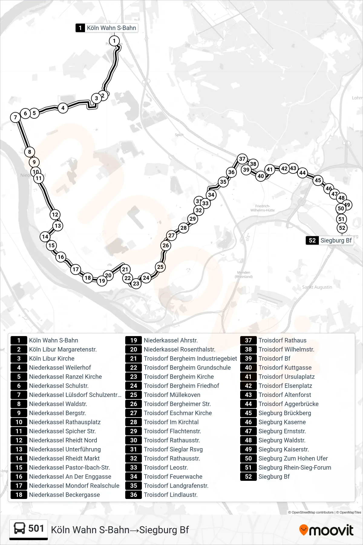 501 bus Line (Köln Wahn S-Bahn→Siegburg Bf) route and stops on a map