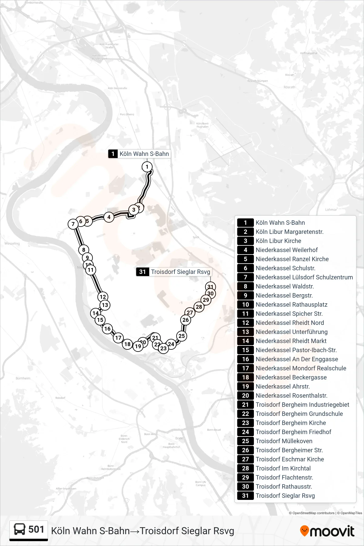 Linie 501 (Bus) Richtung Köln Wahn S-Bahn→Troisdorf Sieglar Rsvg: Route und Haltestellen auf der Karte