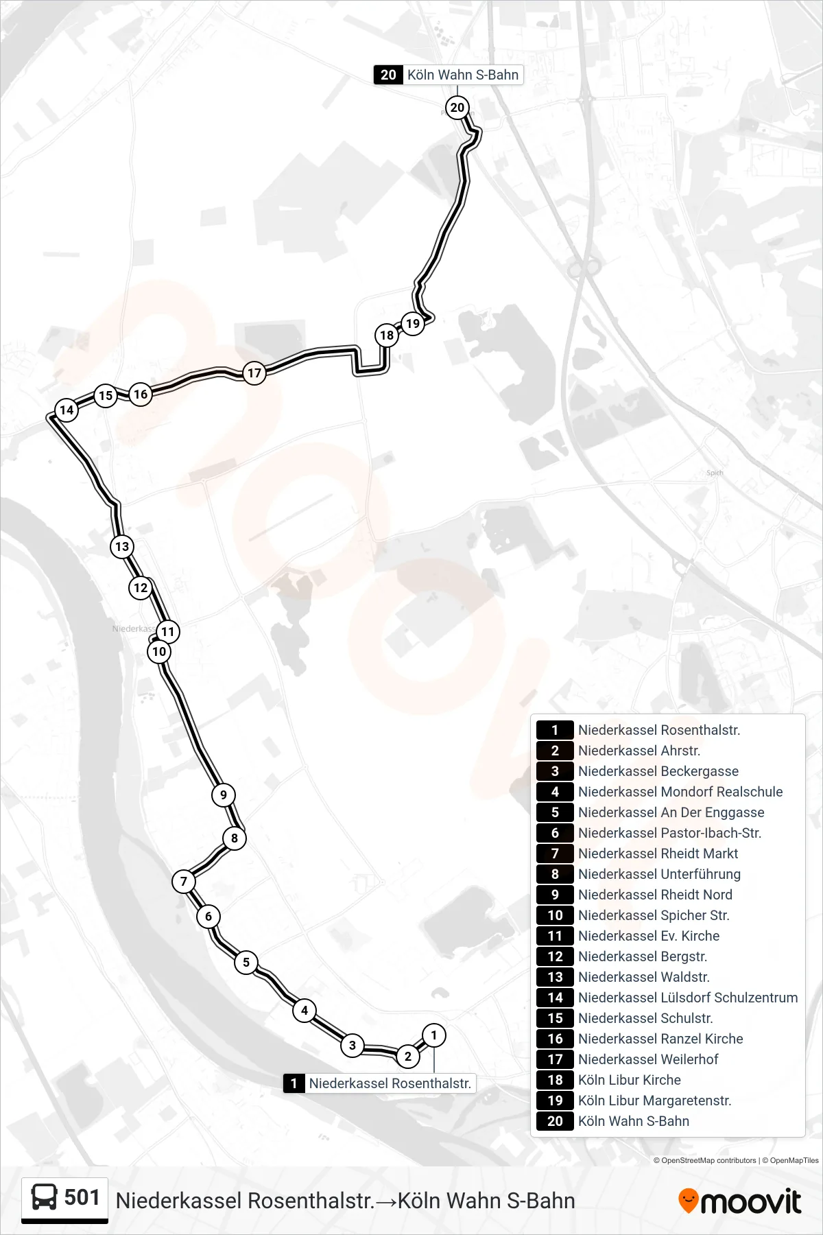 Linie 501 (Bus) Richtung Niederkassel Rosenthalstr.→Köln Wahn S-Bahn: Route und Haltestellen auf der Karte
