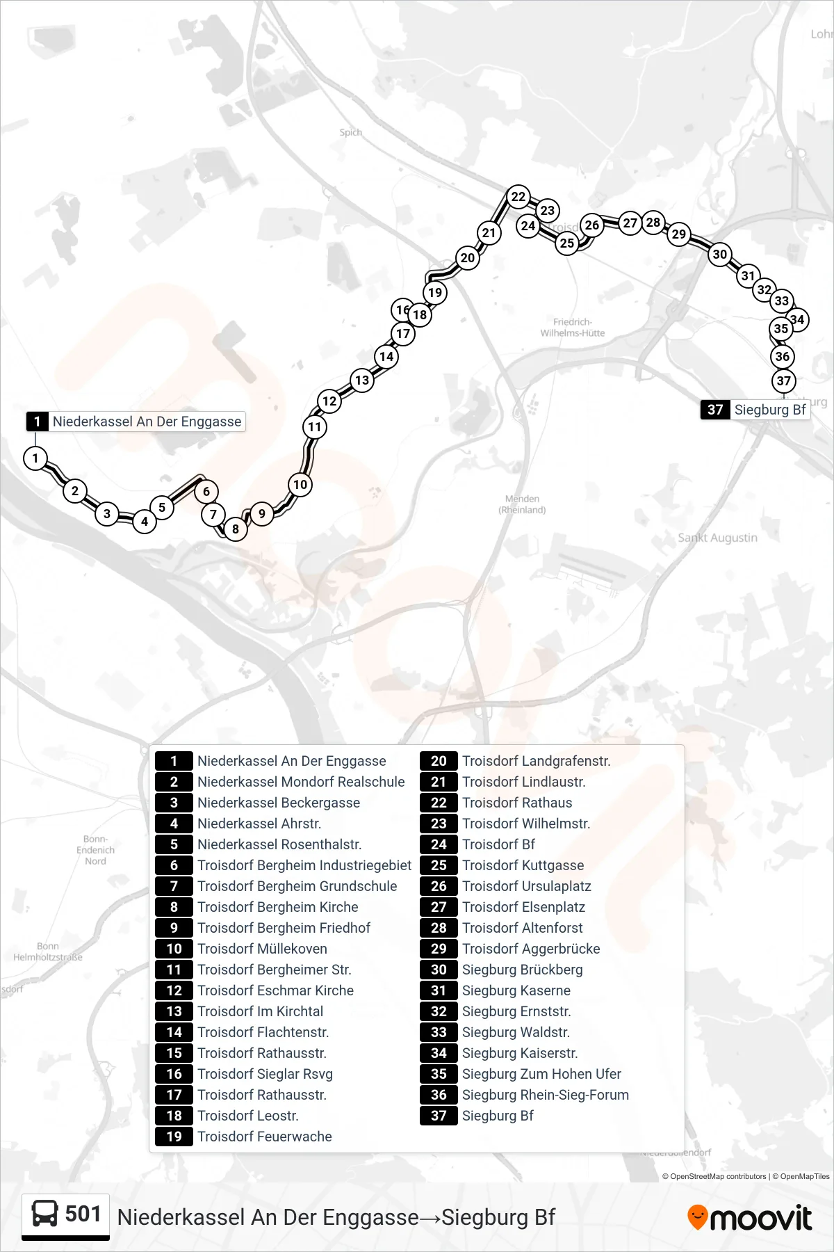 Linie 501 (Bus) Richtung Niederkassel An Der Enggasse→Siegburg Bf: Route und Haltestellen auf der Karte
