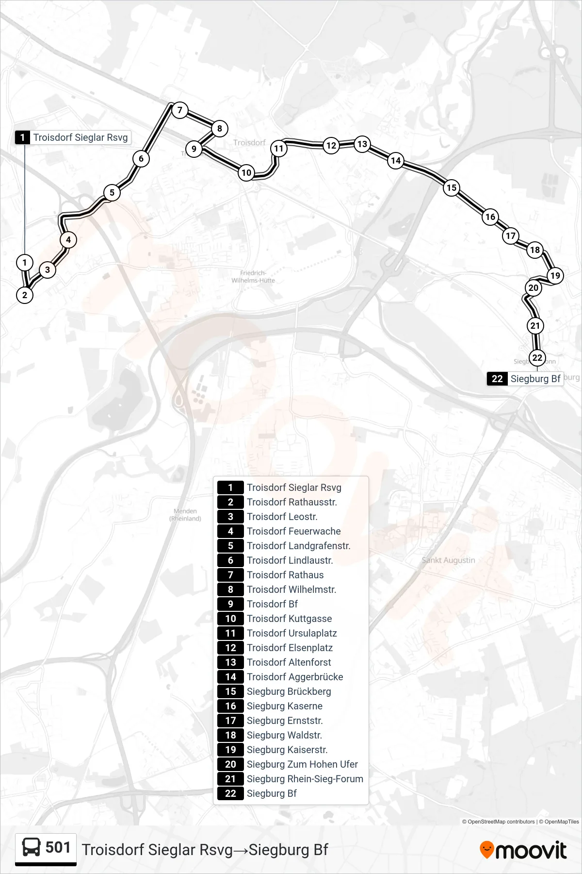 Linie 501 (Bus) Richtung Troisdorf Sieglar Rsvg→Siegburg Bf: Route und Haltestellen auf der Karte
