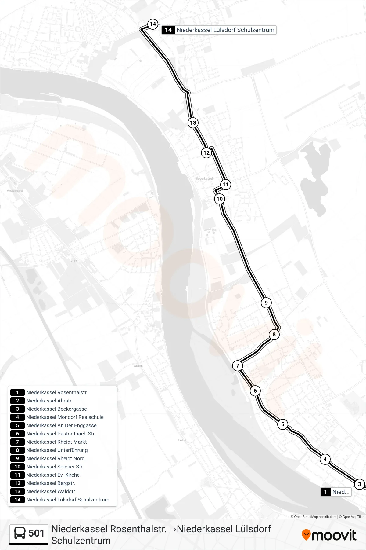 Linie 501 (Bus) Richtung Niederkassel Rosenthalstr.→Niederkassel Lülsdorf Schulzentrum: Route und Haltestellen auf der Karte