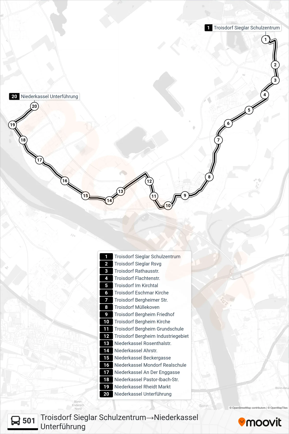 Linie 501 (Bus) Richtung Troisdorf Sieglar Schulzentrum→Niederkassel Unterführung: Route und Haltestellen auf der Karte