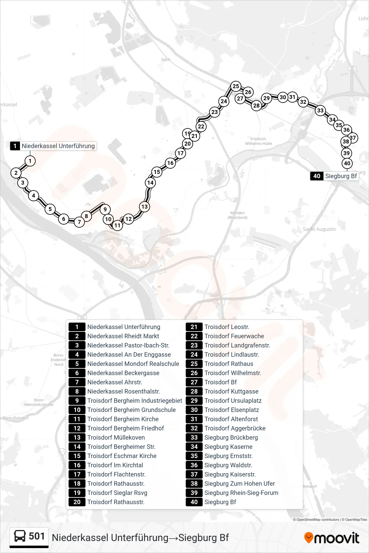 Linie 501 (Bus) Richtung Niederkassel Unterführung→Siegburg Bf: Route und Haltestellen auf der Karte