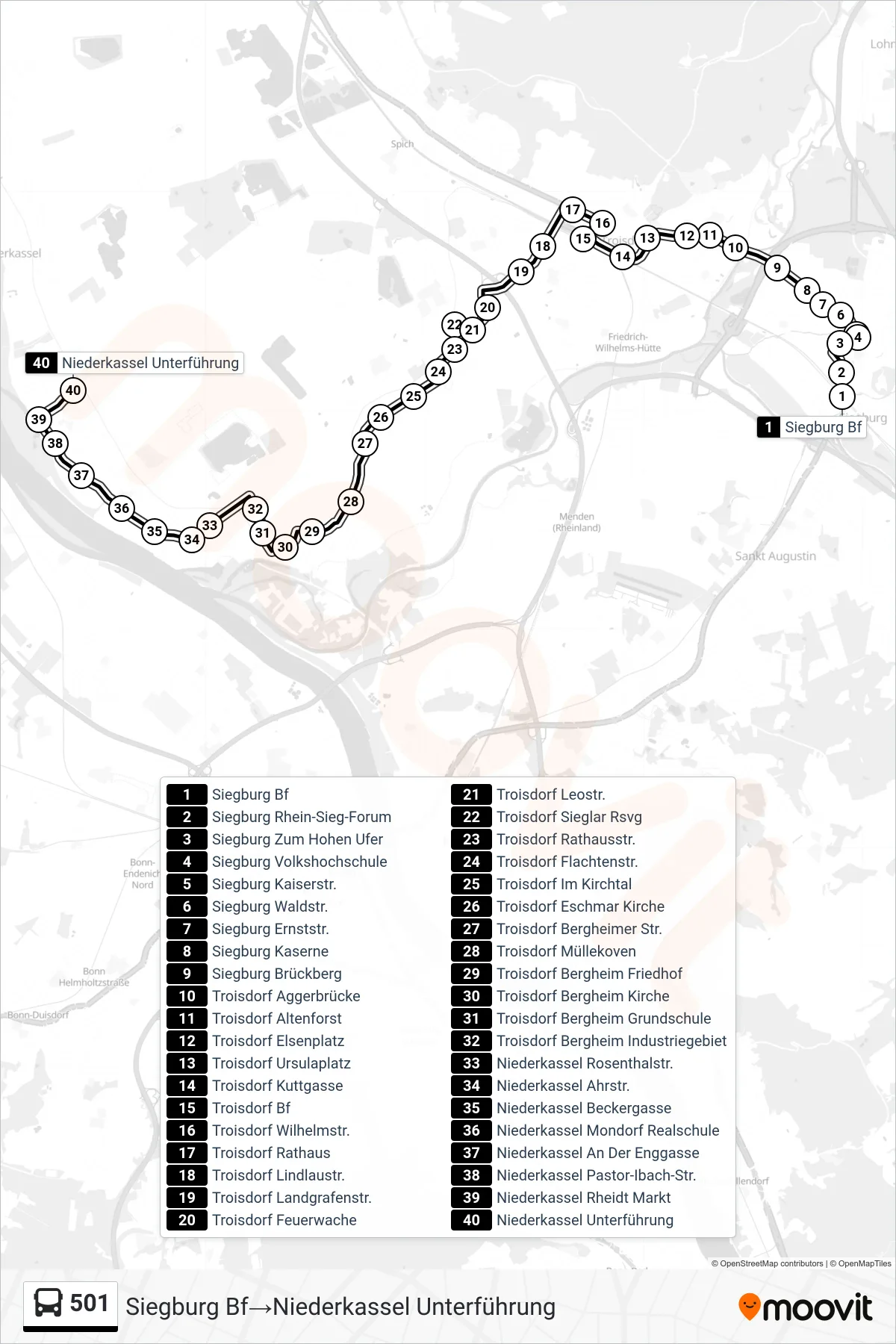 501 bus Line (Siegburg Bf→Niederkassel Unterführung) route and stops on a map