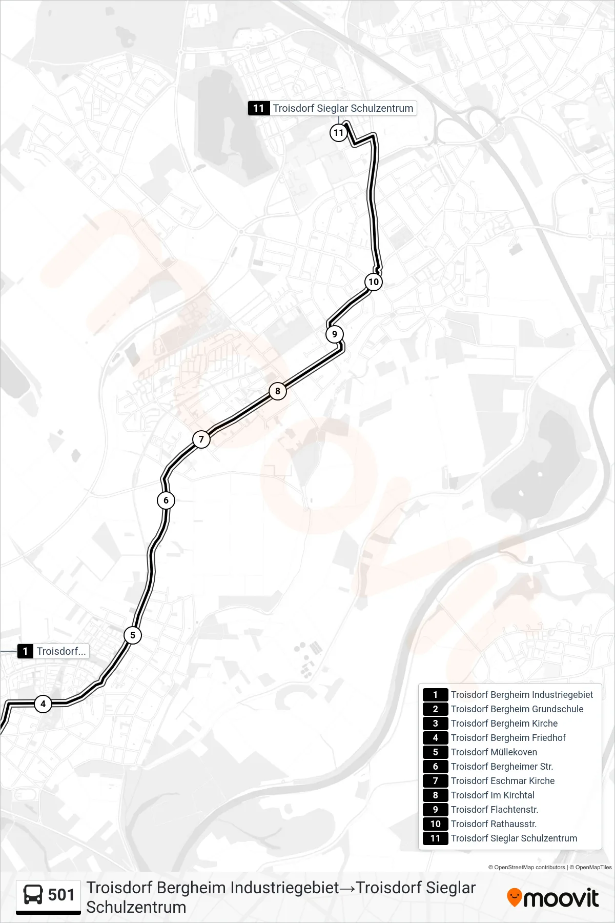 501 bus Line (Troisdorf Bergheim Industriegebiet→Troisdorf Sieglar Schulzentrum) route and stops on a map