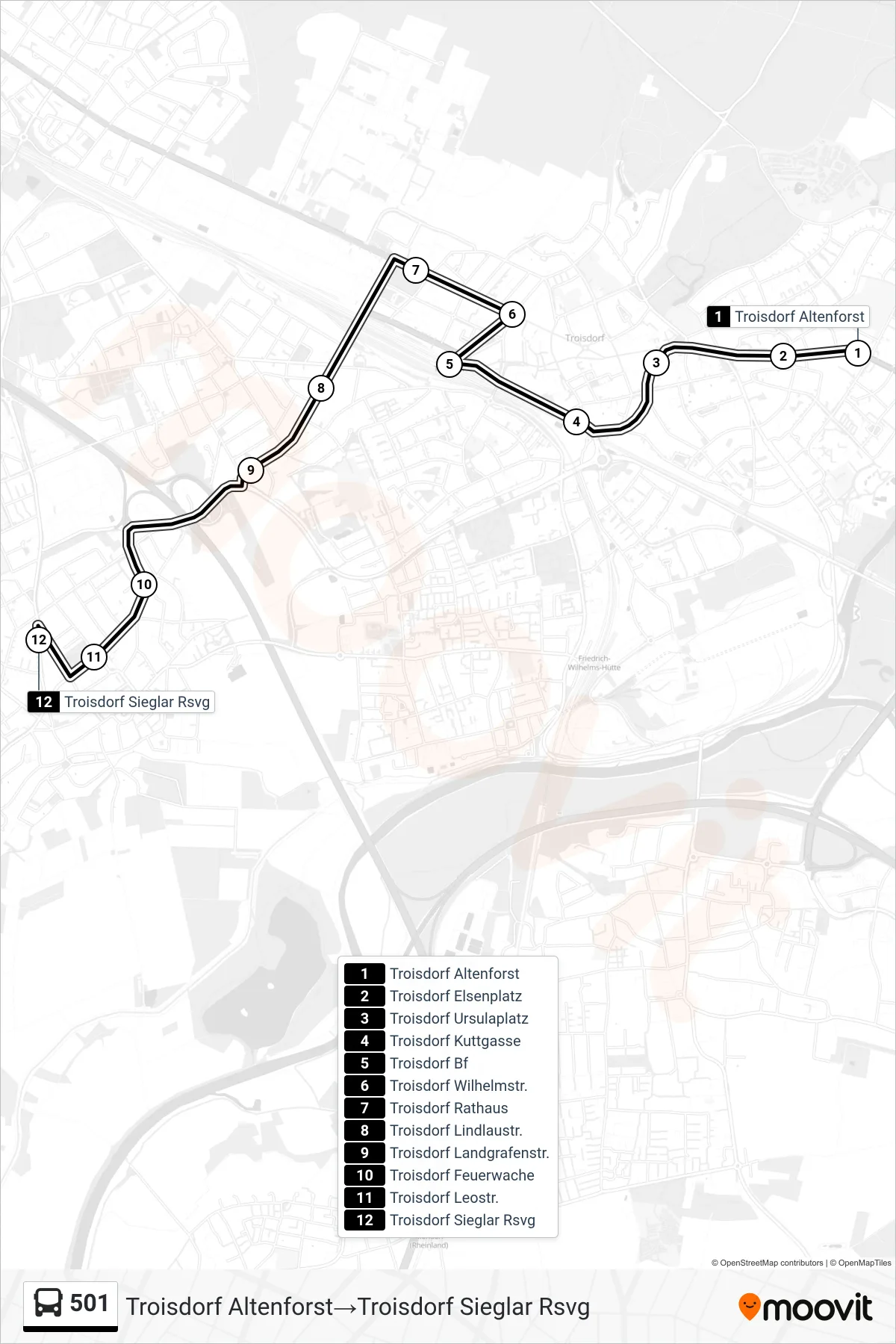 501 bus Line (Troisdorf Altenforst→Troisdorf Sieglar Rsvg) route and stops on a map