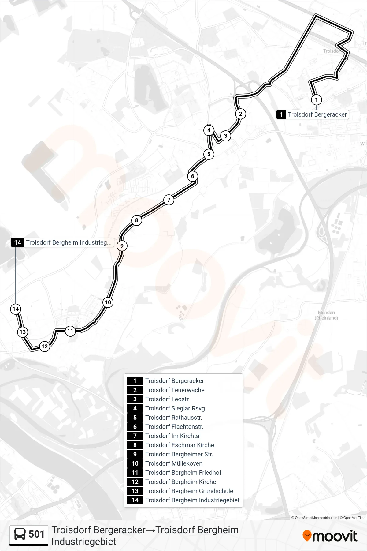 Linie 501 (Bus) Richtung Troisdorf Bergeracker→Troisdorf Bergheim Industriegebiet: Route und Haltestellen auf der Karte
