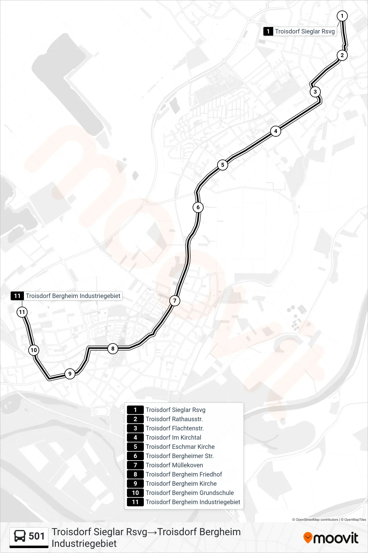 501 bus Line (Troisdorf Sieglar Rsvg→Troisdorf Bergheim Industriegebiet) route and stops on a map