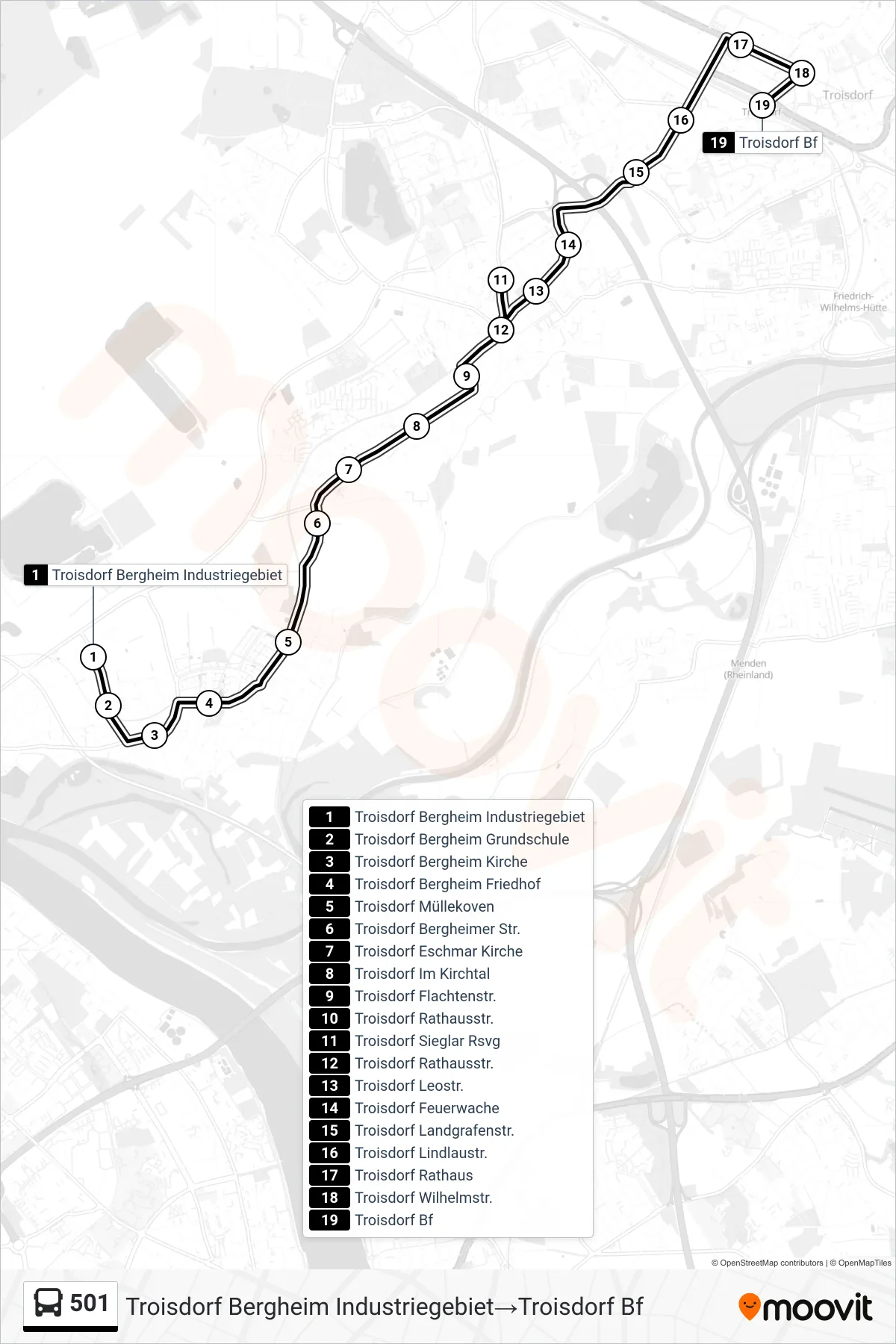 Linie 501 (Bus) Richtung Troisdorf Bergheim Industriegebiet→Troisdorf Bf: Route und Haltestellen auf der Karte