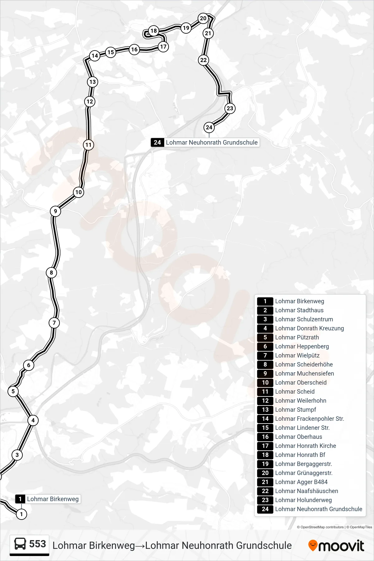 Linie 553 (Bus) Richtung Lohmar Birkenweg→Lohmar Neuhonrath Grundschule: Route und Haltestellen auf der Karte