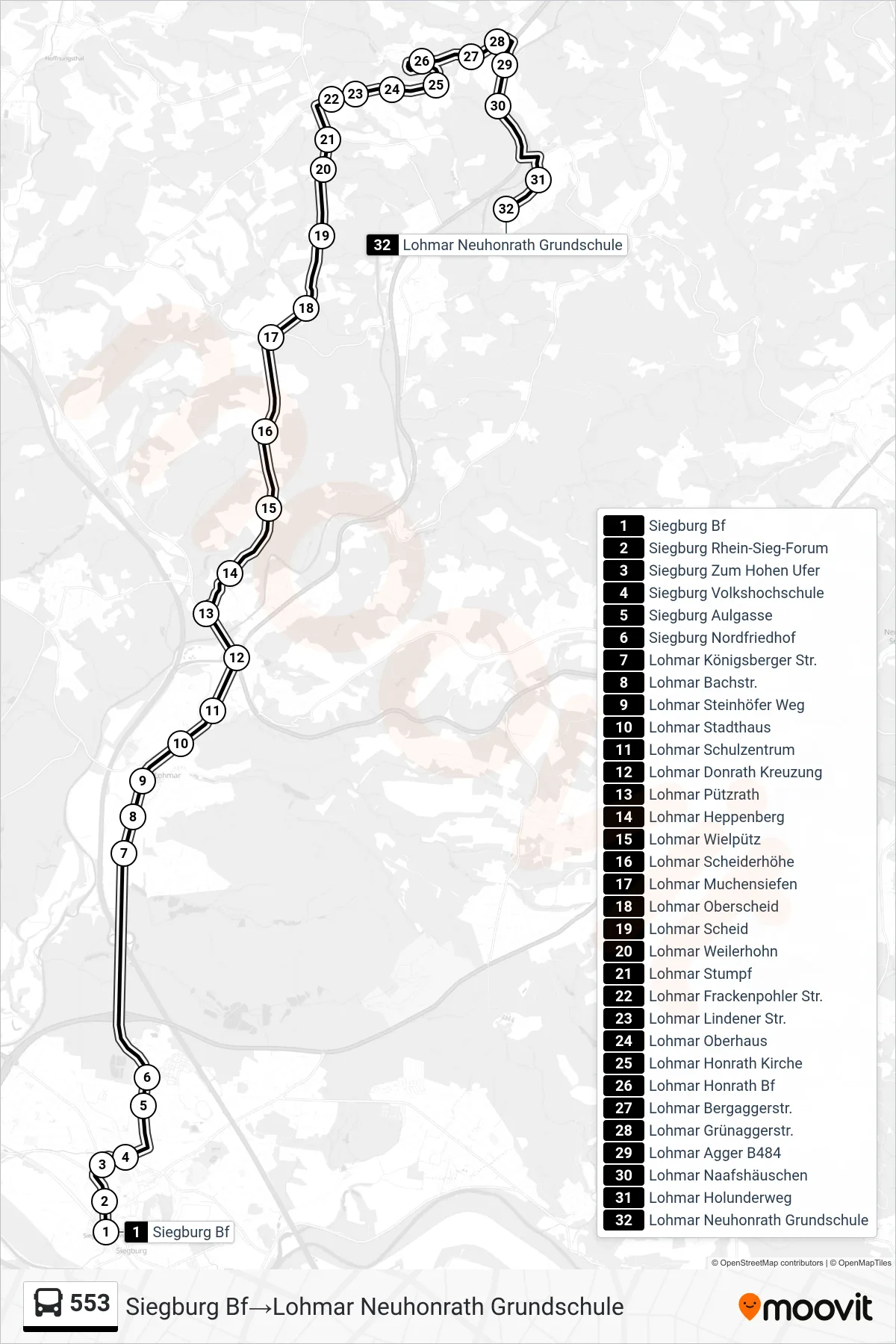 Linie 553 (Bus) Richtung Siegburg Bf→Lohmar Neuhonrath Grundschule: Route und Haltestellen auf der Karte