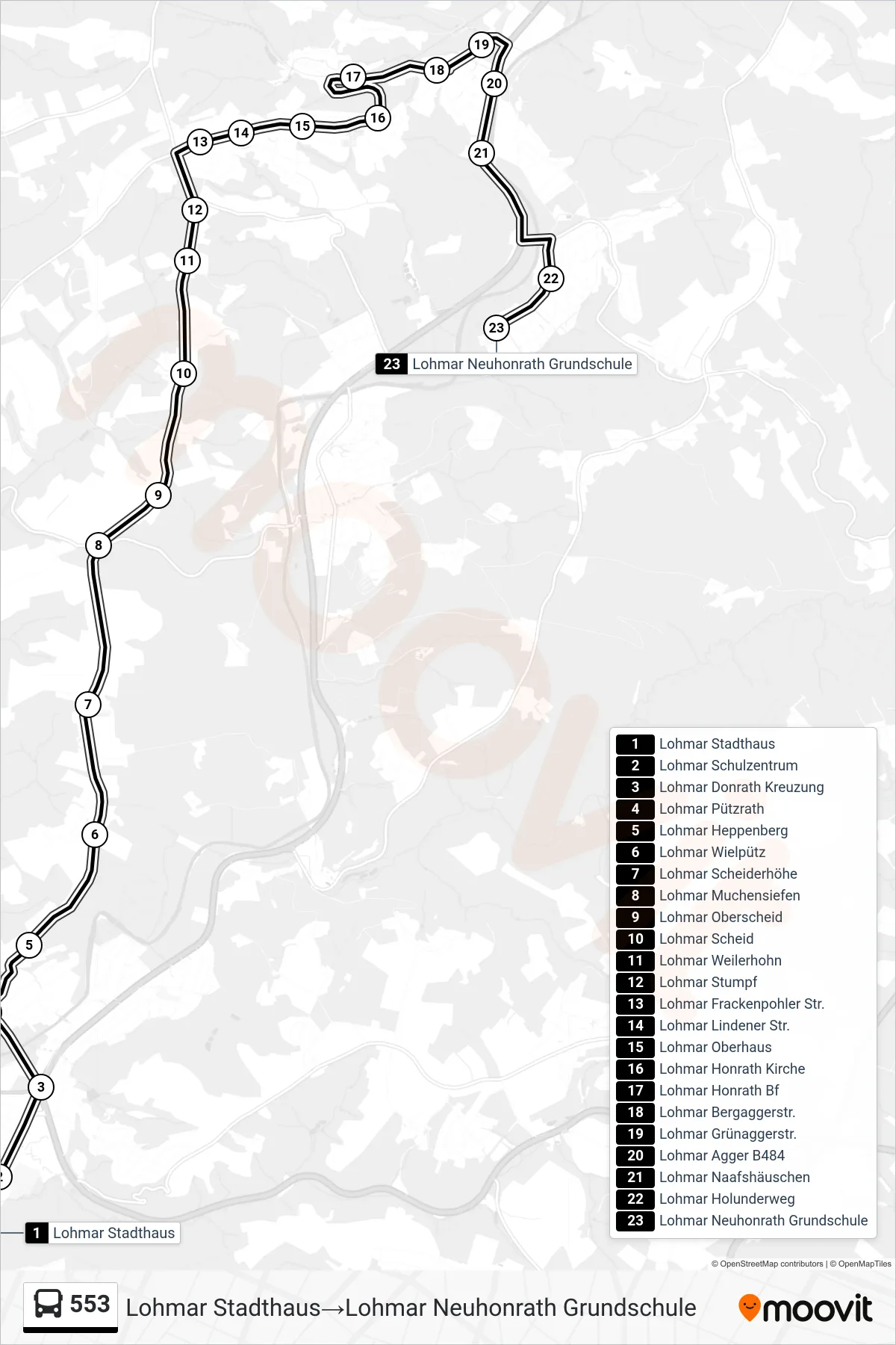 Linie 553 (Bus) Richtung Lohmar Stadthaus→Lohmar Neuhonrath Grundschule: Route und Haltestellen auf der Karte