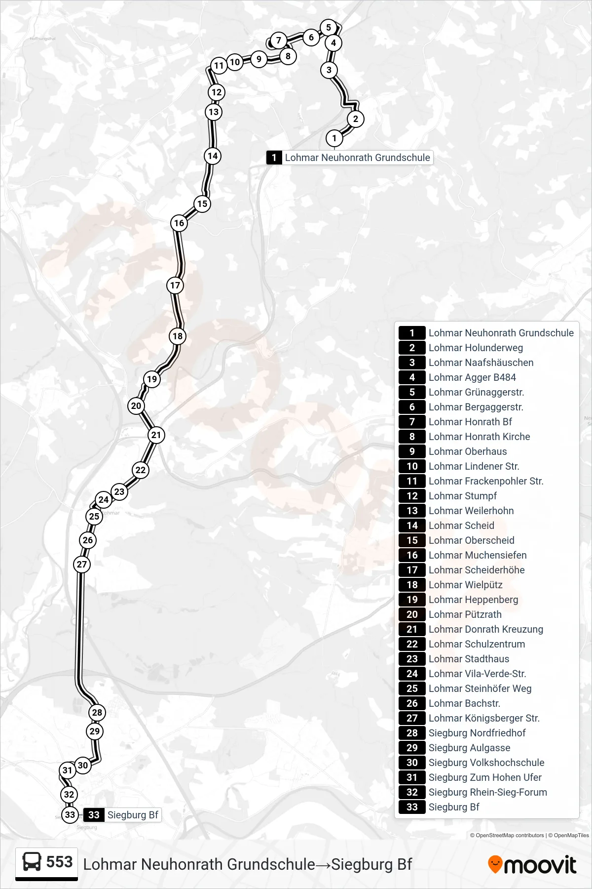 553 bus Line (Lohmar Neuhonrath Grundschule→Siegburg Bf) route and stops on a map