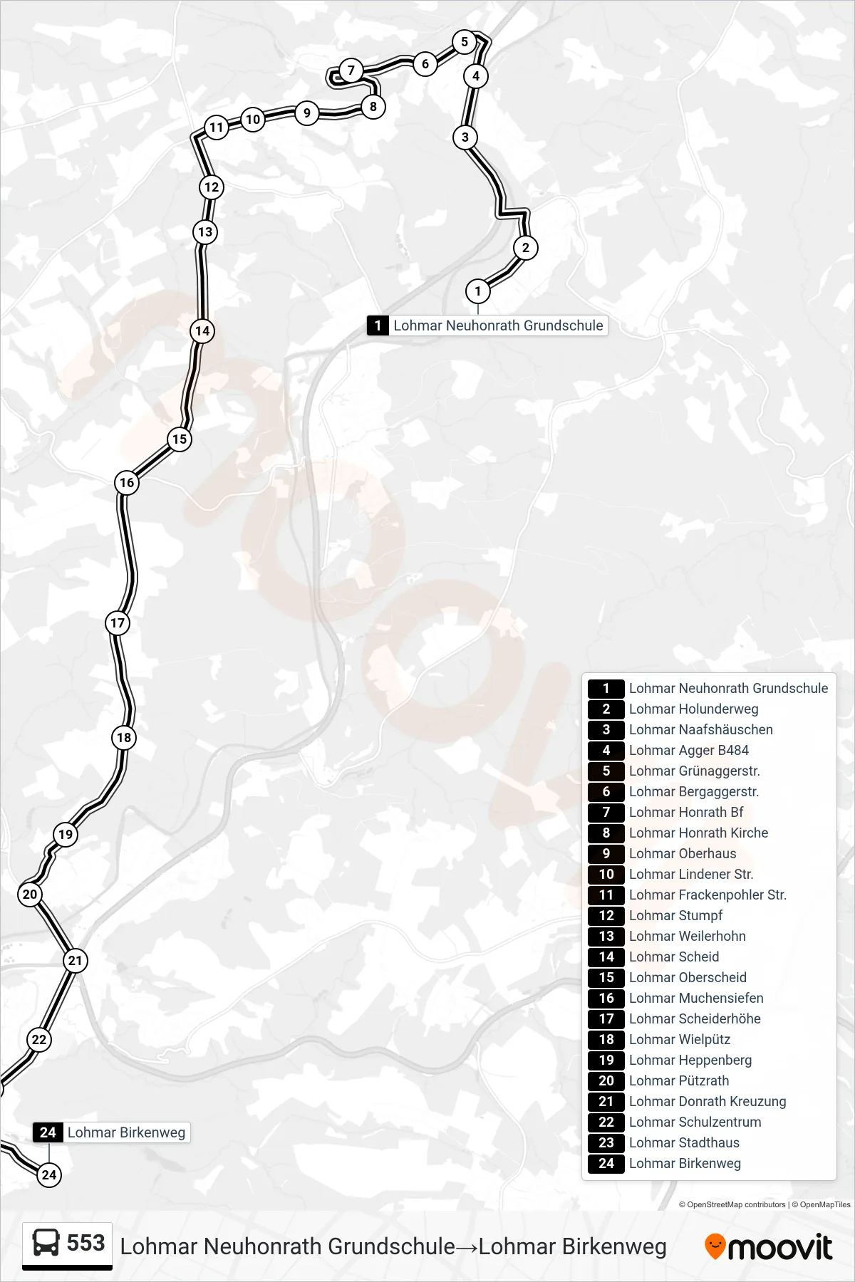 Linie 553 (Bus) Richtung Lohmar Neuhonrath Grundschule‎→Lohmar Birkenweg: Route und Haltestellen auf der Karte
