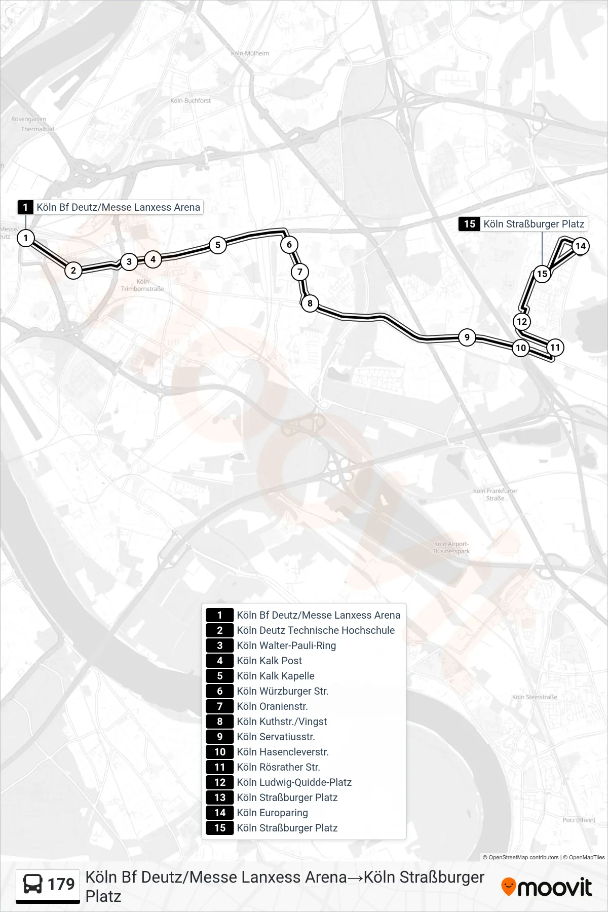 Linie 179 (Bus) Richtung Köln Bf Deutz/Messe Lanxess Arena‎→Köln Straßburger Platz: Route und Haltestellen auf der Karte