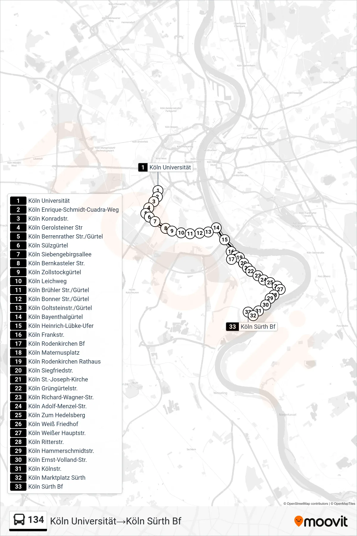Linie 134 (Bus) Richtung Köln Universität→Köln Sürth Bf: Route und Haltestellen auf der Karte