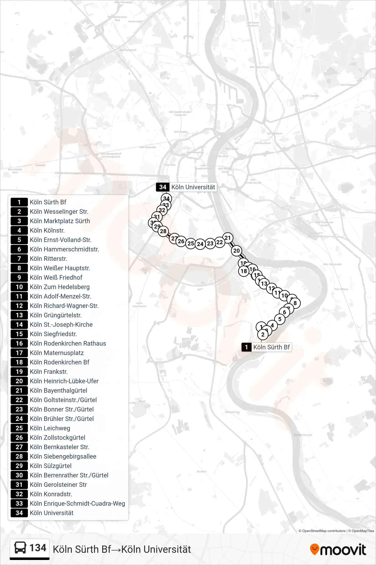 Linie 134 (Bus) Richtung Köln Sürth Bf‎→Köln Universität: Route und Haltestellen auf der Karte
