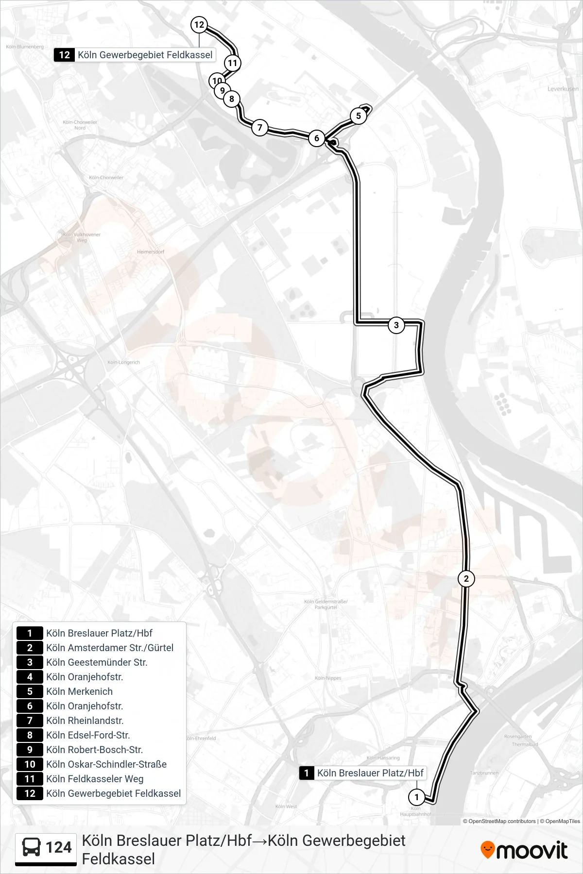 Linie 124 (Bus) Richtung Köln Breslauer Platz/Hbf‎→Köln Gewerbegebiet Feldkassel: Route und Haltestellen auf der Karte