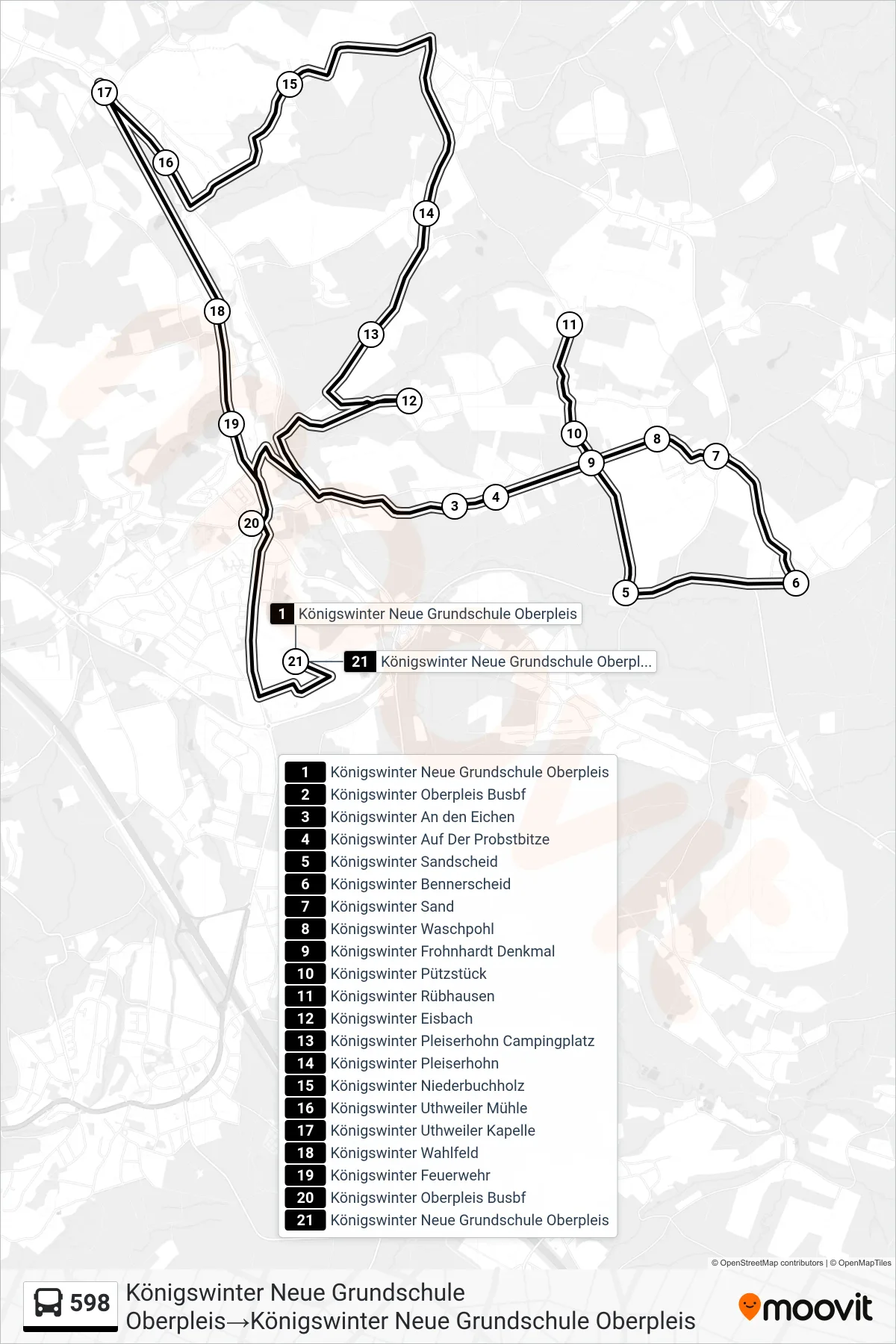 Linie 598 (Bus) Richtung Königswinter Neue Grundschule Oberpleis→Königswinter Neue Grundschule Oberpleis: Route und Haltestellen auf der Karte