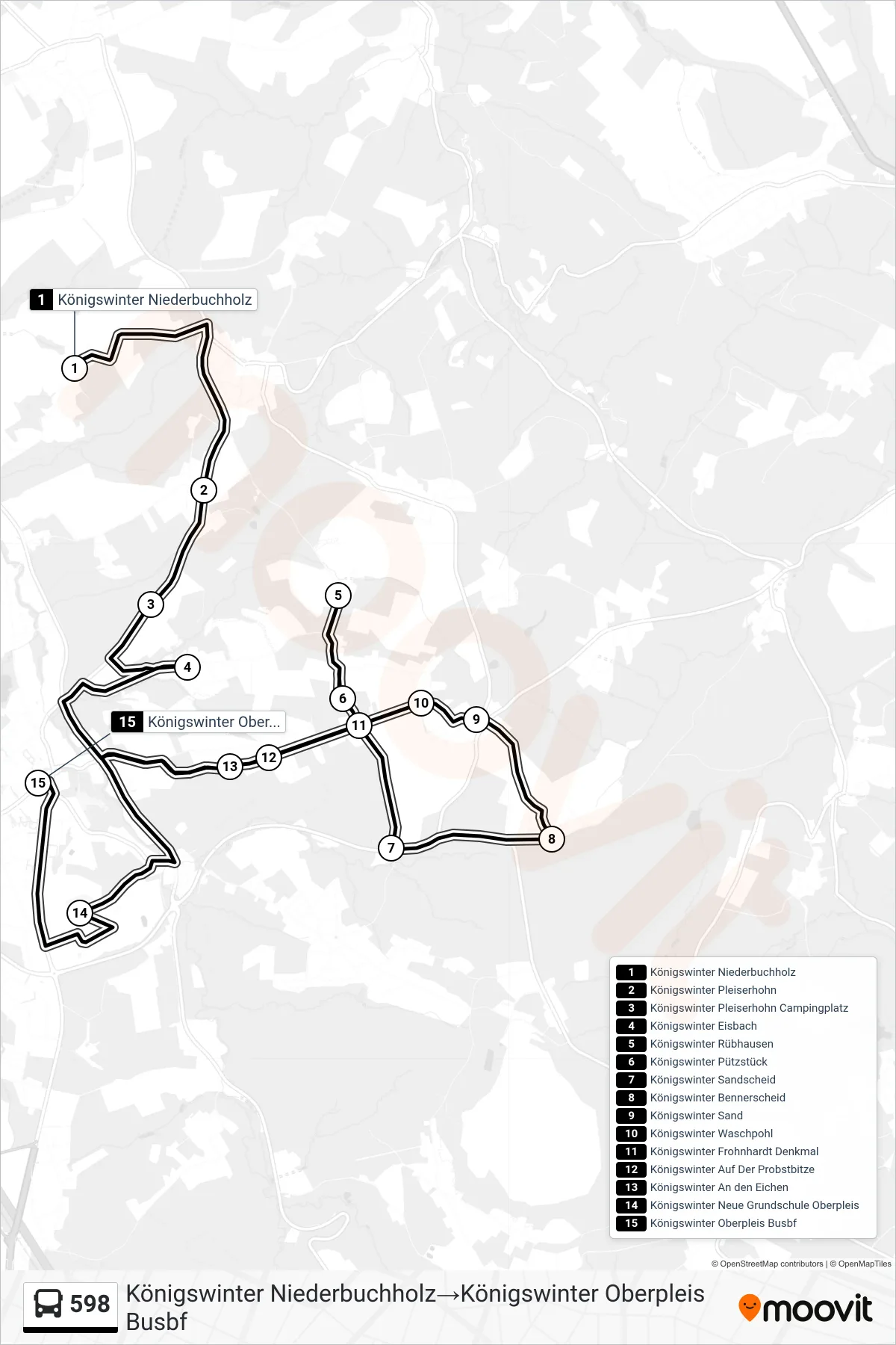 Linie 598 (Bus) Richtung Königswinter Niederbuchholz→Königswinter Oberpleis Busbf: Route und Haltestellen auf der Karte