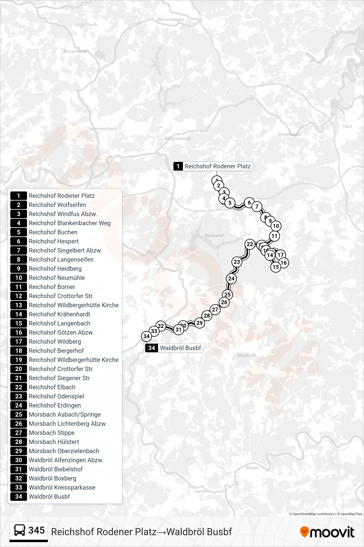 Linie 345 (Bus) Richtung Reichshof Rodener Platz‎→Waldbröl Busbf: Route und Haltestellen auf der Karte