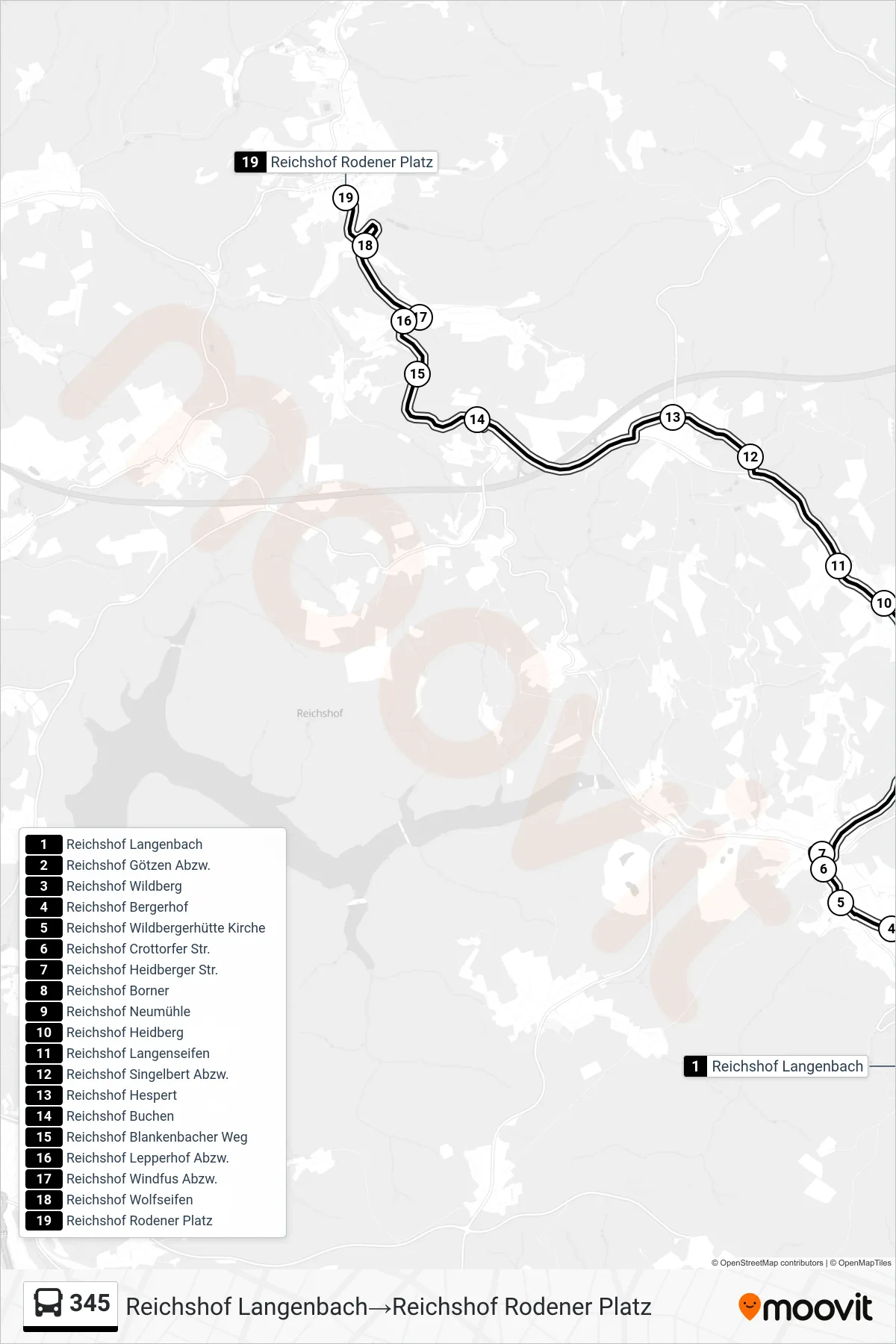 Linie 345 (Bus) Richtung Reichshof Langenbach‎→Reichshof Rodener Platz: Route und Haltestellen auf der Karte