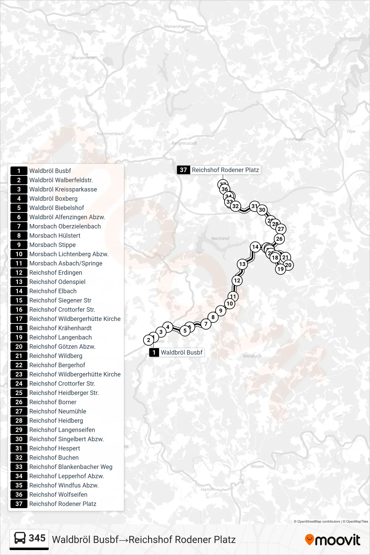 Linie 345 (Bus) Richtung Waldbröl Busbf‎→Reichshof Rodener Platz: Route und Haltestellen auf der Karte