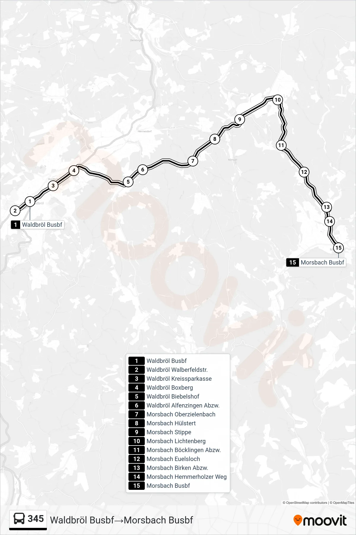 345 bus Line (Waldbröl Busbf‎→Morsbach Busbf) route and stops on a map