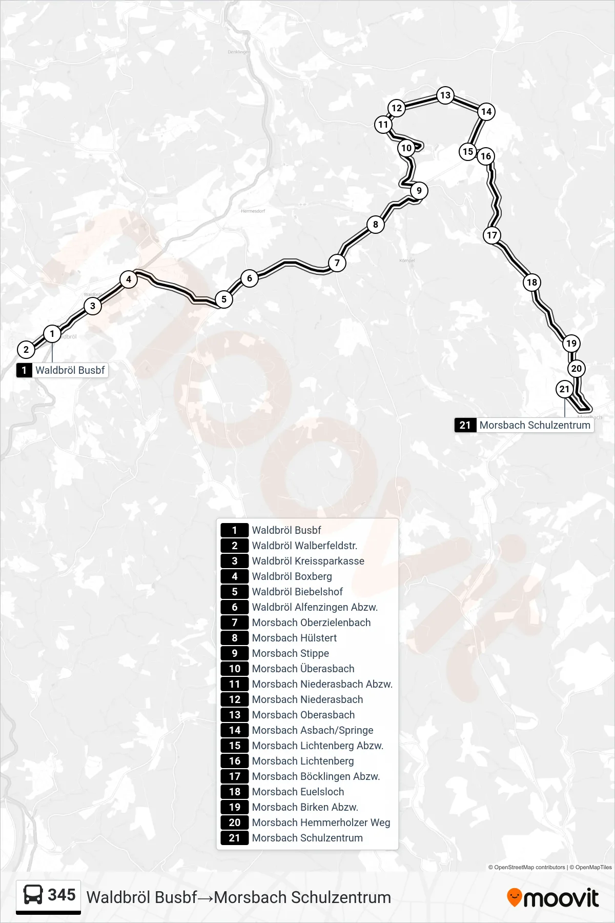 Linie 345 (Bus) Richtung Waldbröl Busbf‎→Morsbach Schulzentrum: Route und Haltestellen auf der Karte