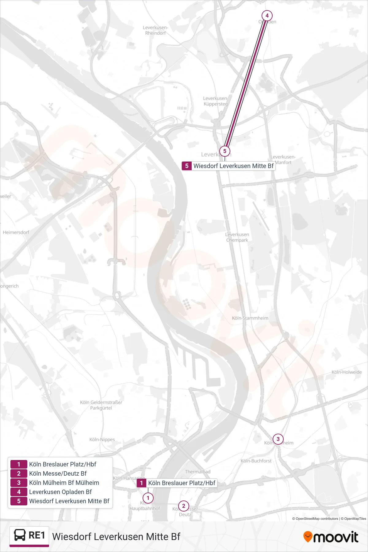 RE1 bus Line (Wiesdorf Leverkusen Mitte Bf) route and stops on a map