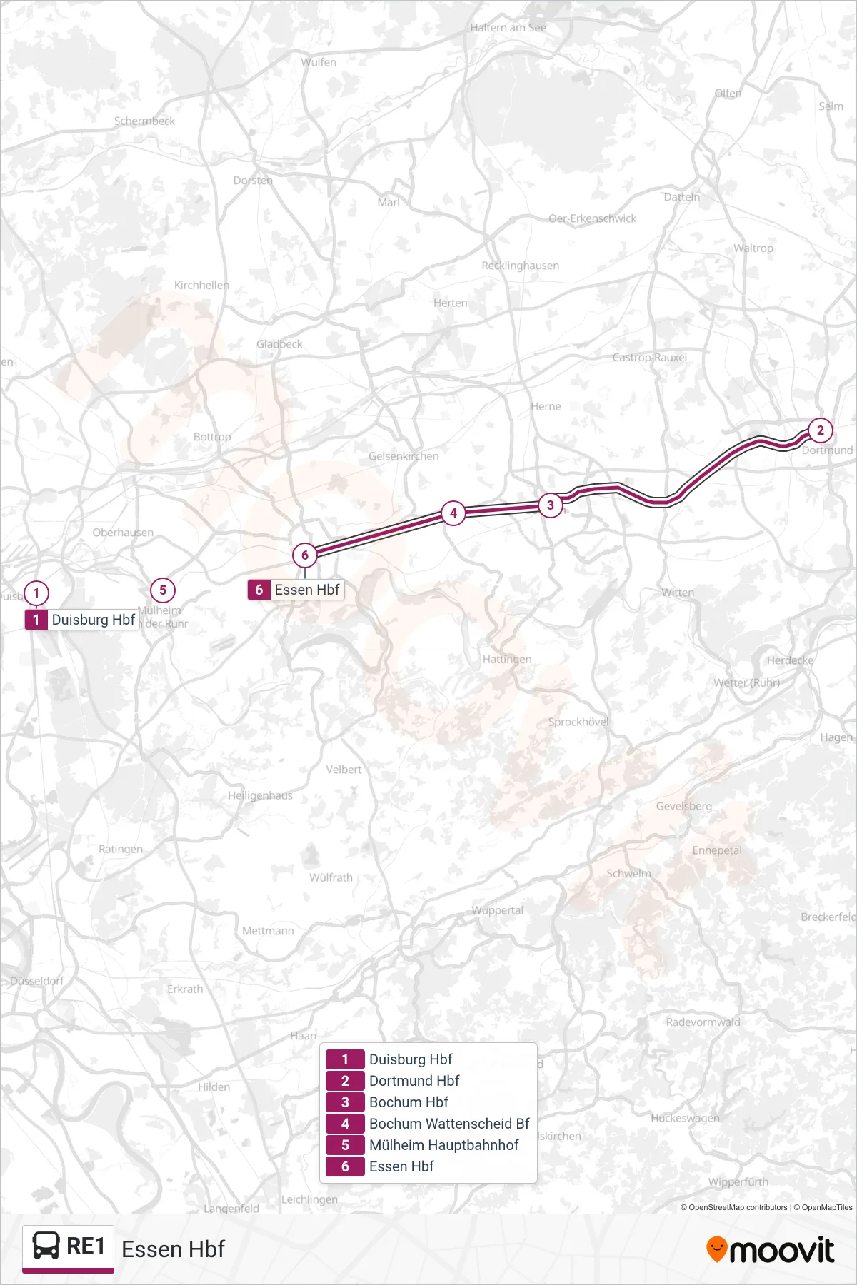 RE1 bus Line (Essen Hbf) route and stops on a map