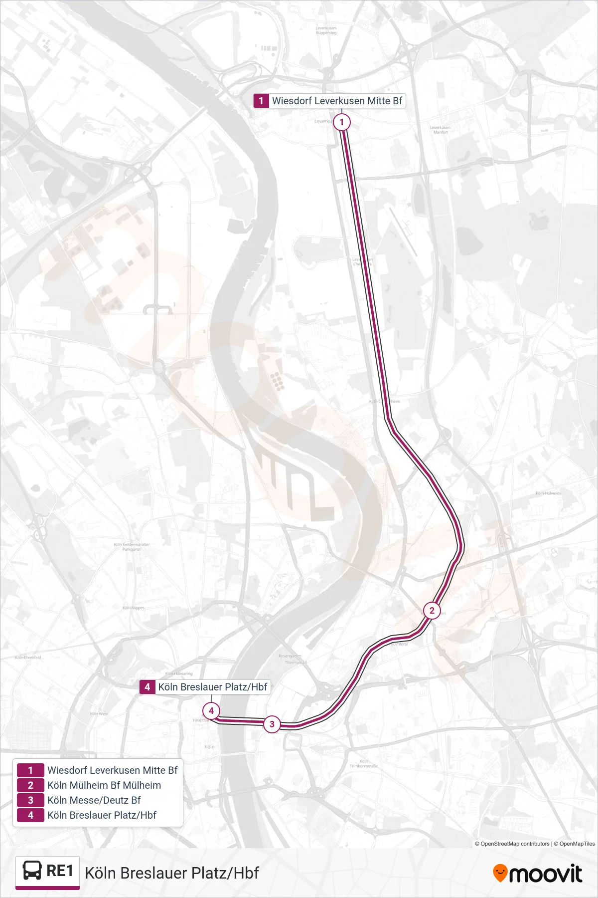 RE1 bus Line (Köln Breslauer Platz/Hbf) route and stops on a map