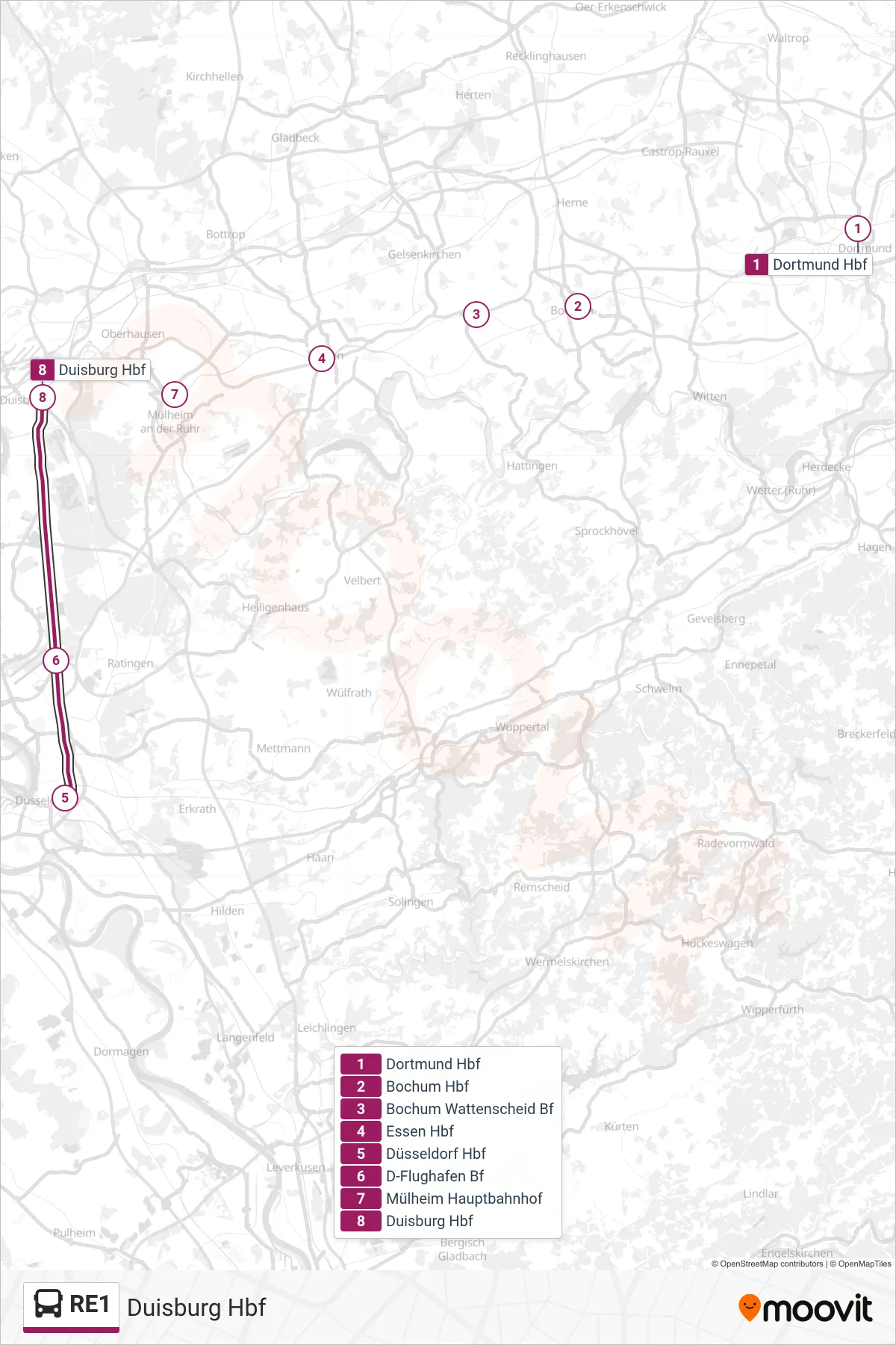 Linie RE1 (Bus) Richtung Duisburg Hbf: Route und Haltestellen auf der Karte